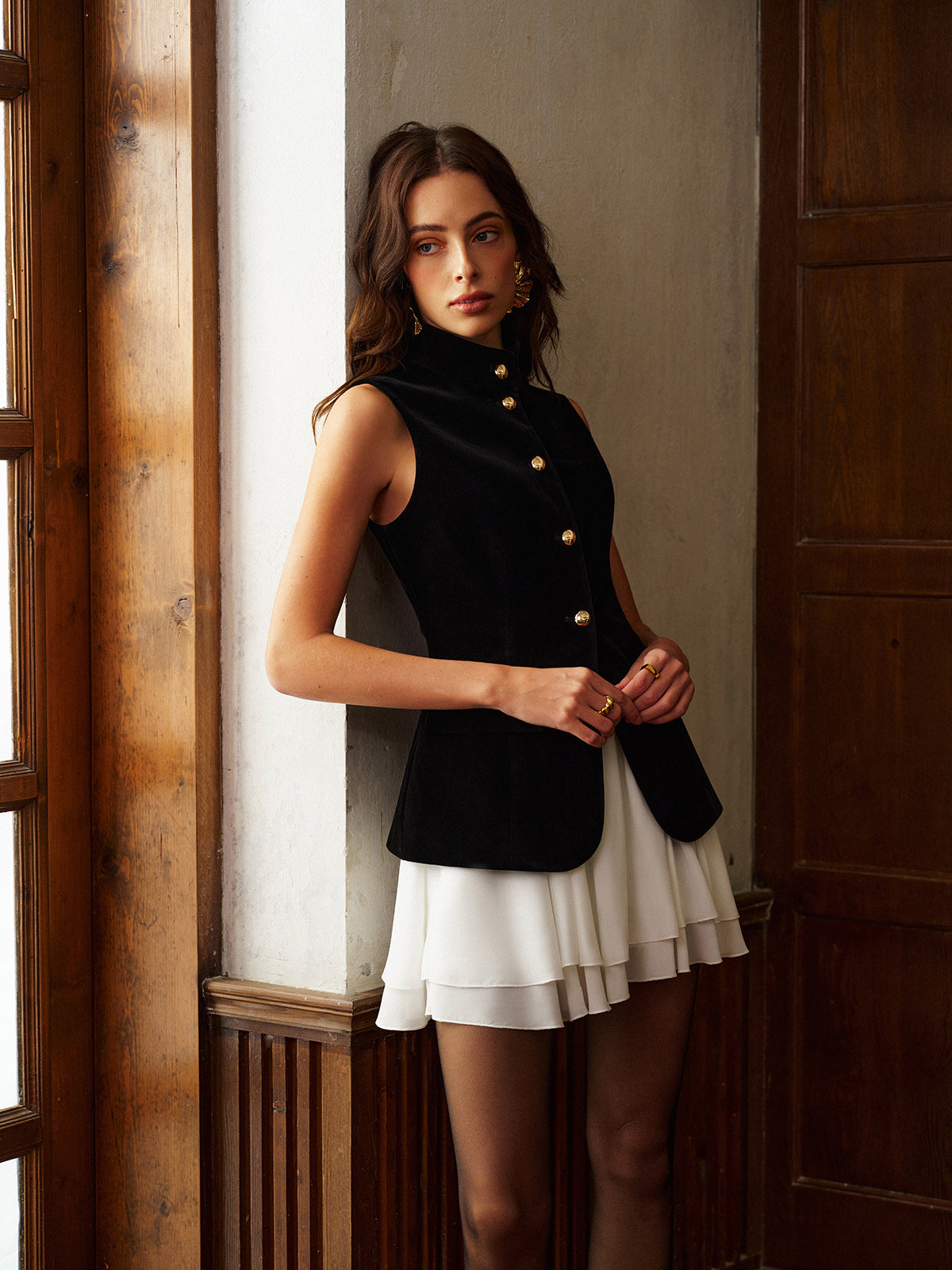 Button Slit Velvet Top With Chiffon Skirt Set | Elegant Party Wear Ensemble