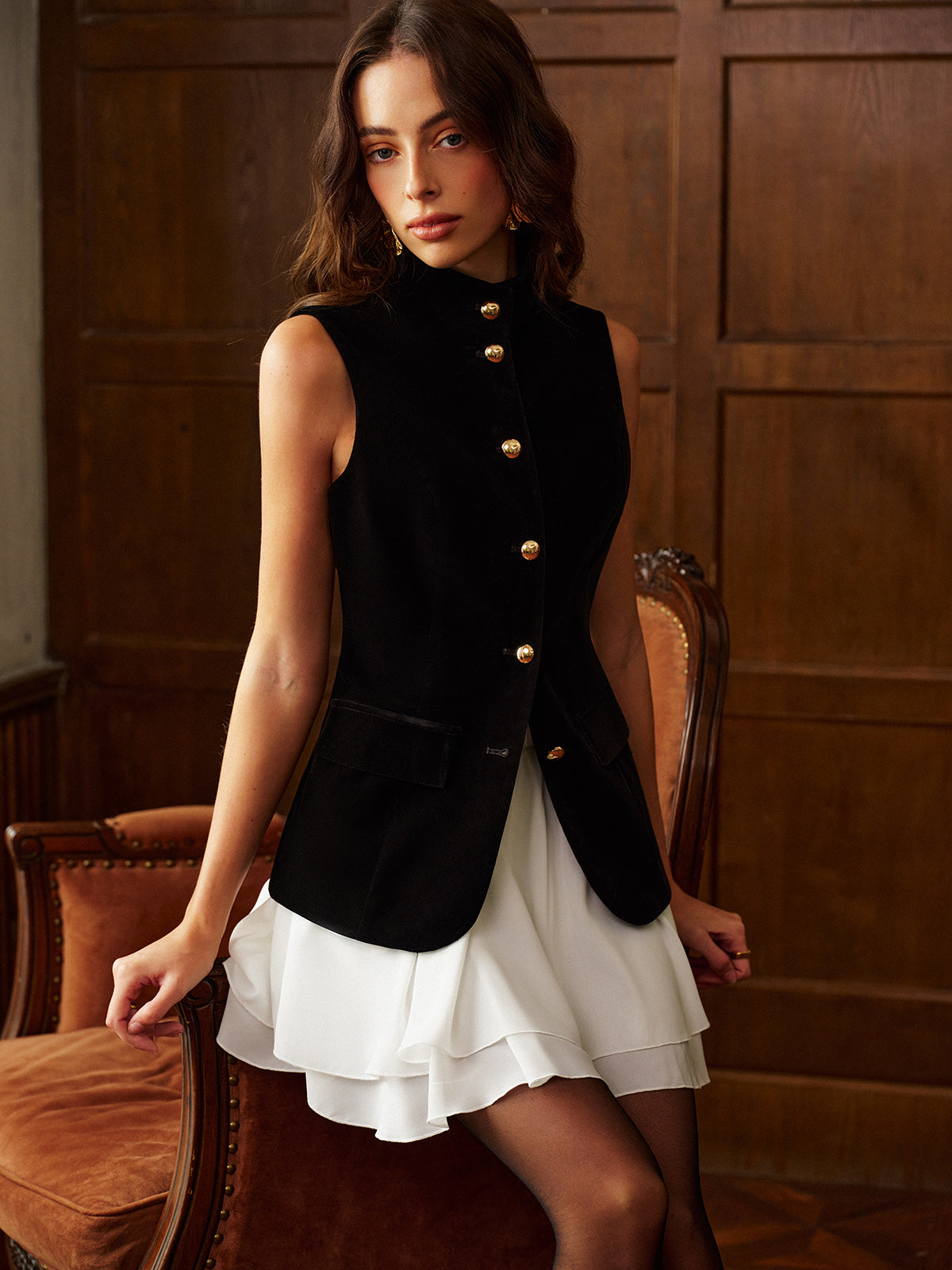 Button Slit Velvet Top With Chiffon Skirt Set | Elegant Party Wear Ensemble