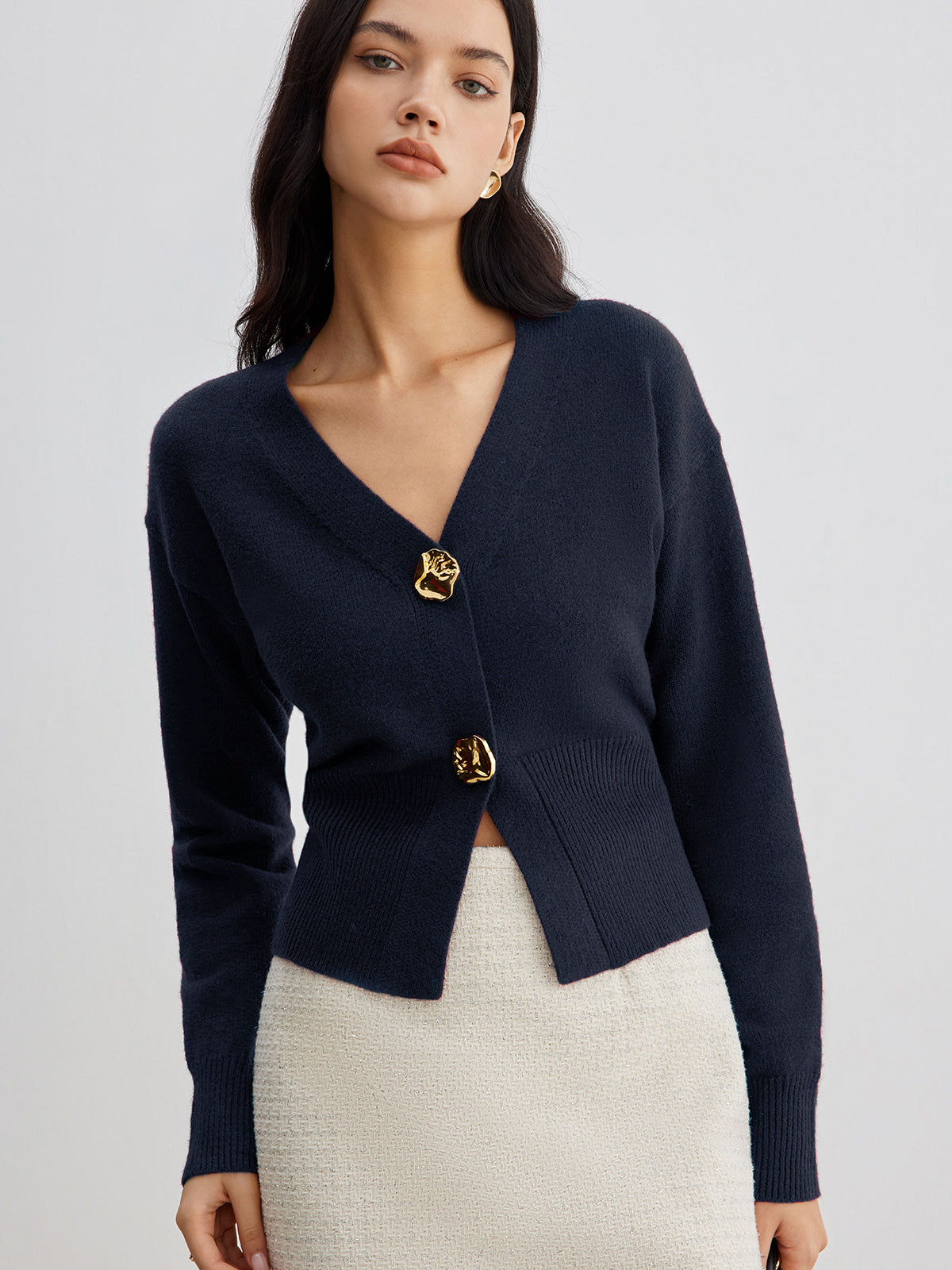 Elegant Metal Button Short Cardigan for Women Lightweight