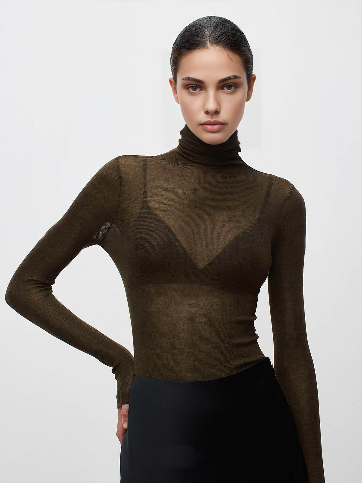 Wool-Blend Turtleneck Sheer Sweater for Women Comfort Fit
