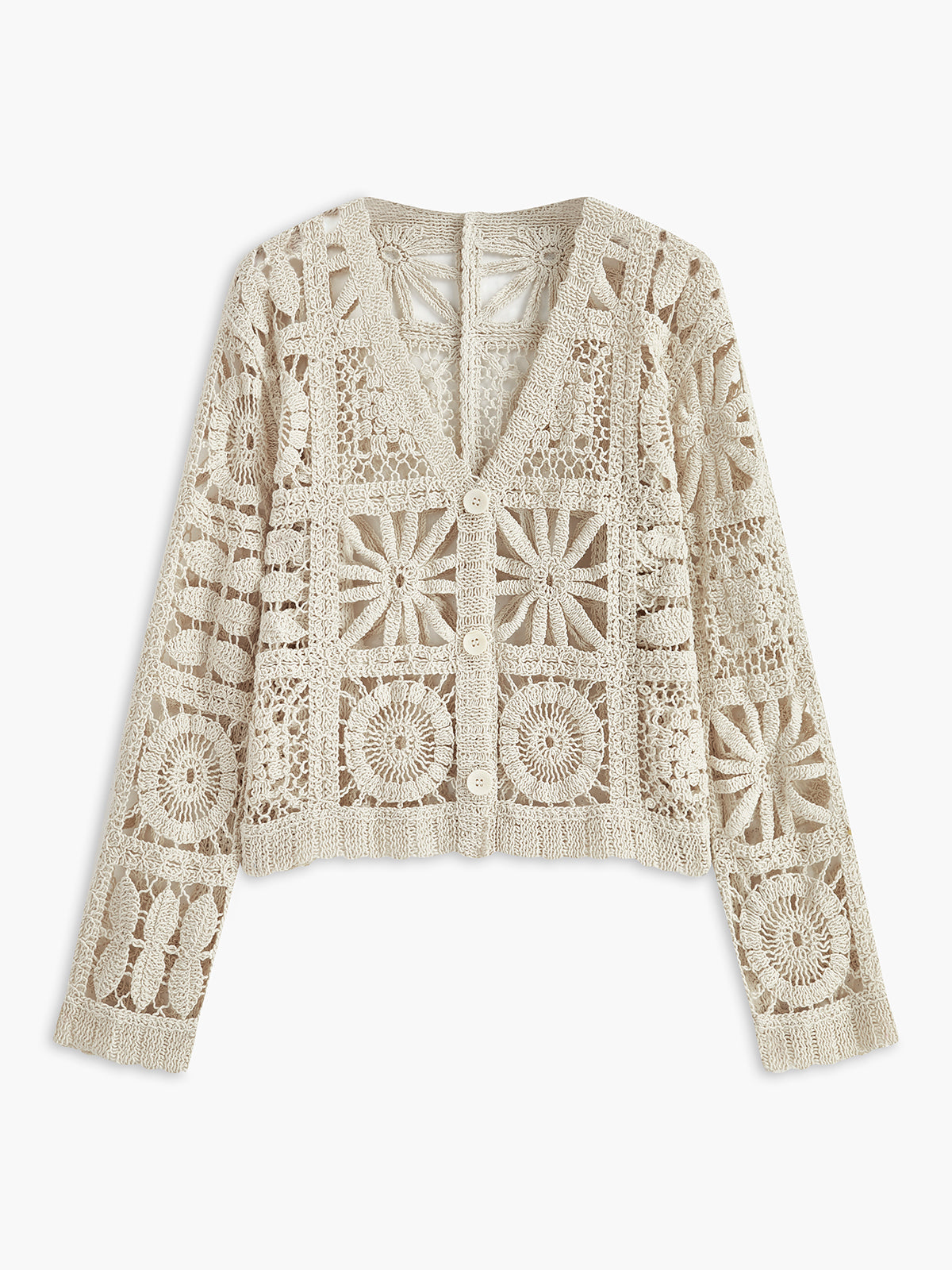 "Crochet Square Pattern Button-Front Cardigan with Stylish Cozy Design"