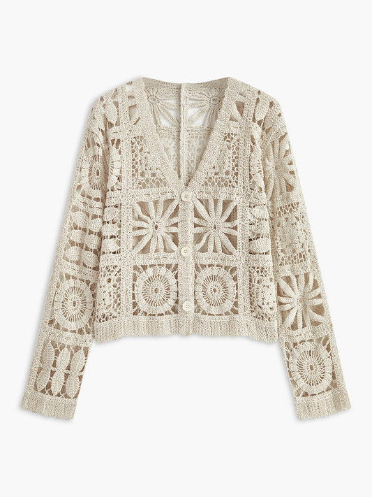 "Crochet Square Pattern Button-Front Cardigan with Stylish Cozy Design"