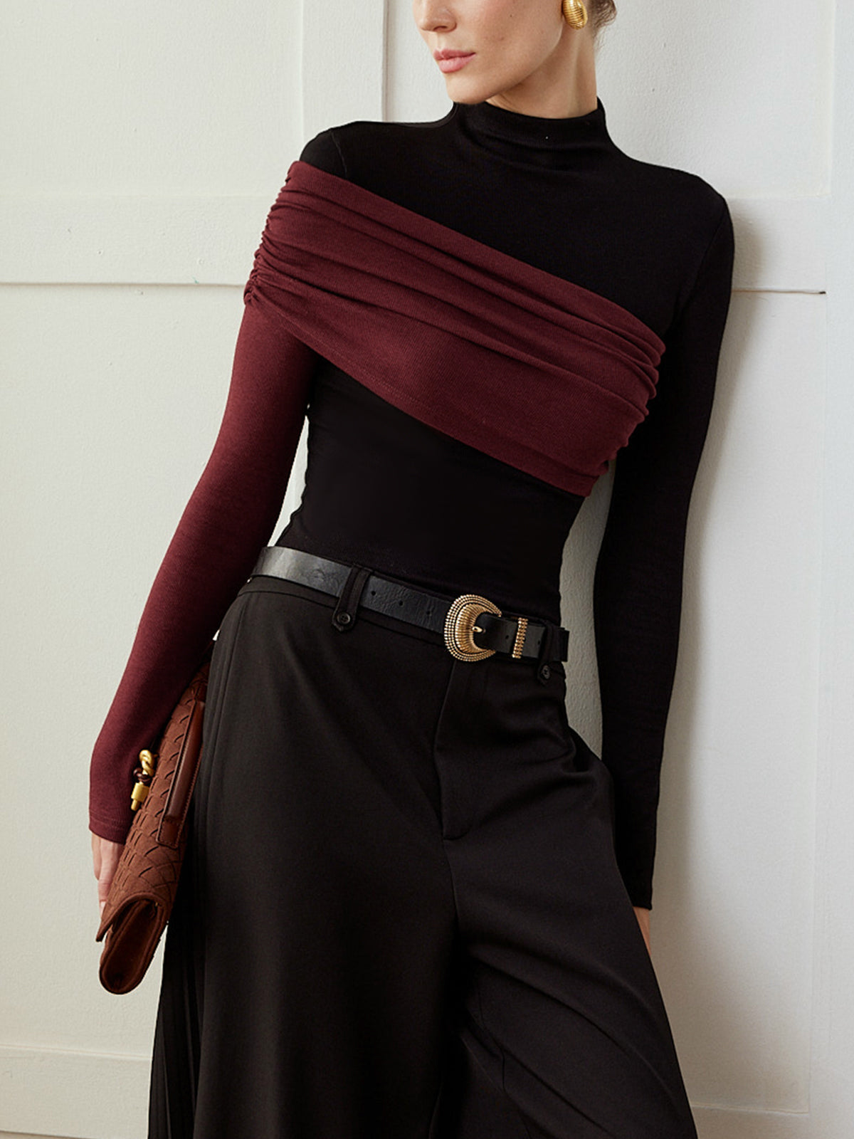 Color Block Pleated Jersey Slim Top Women's Fashion Essentials