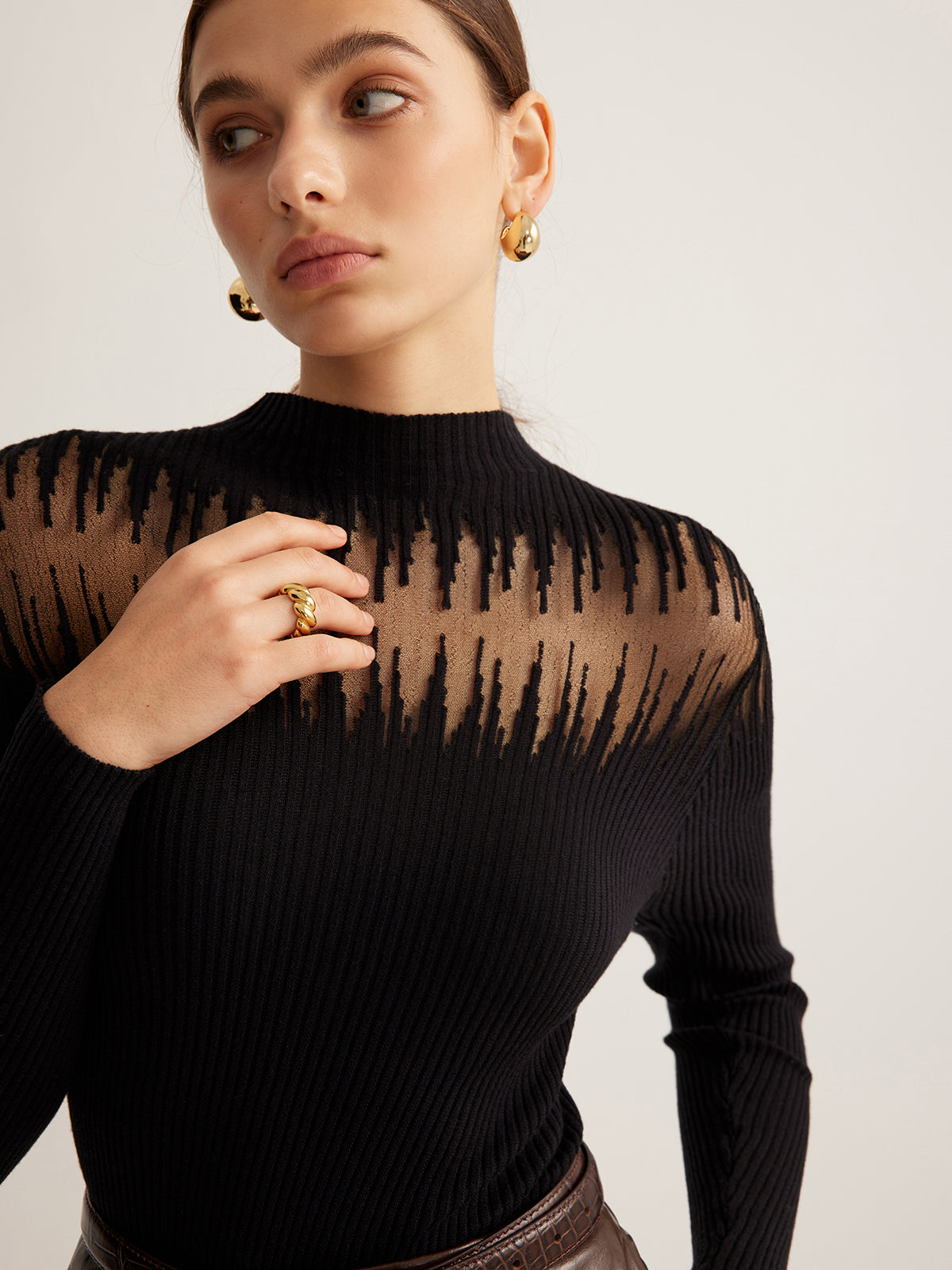Mock Neck Sheer Panel Knit Top with Long Sleeves and Lightweight Fabric