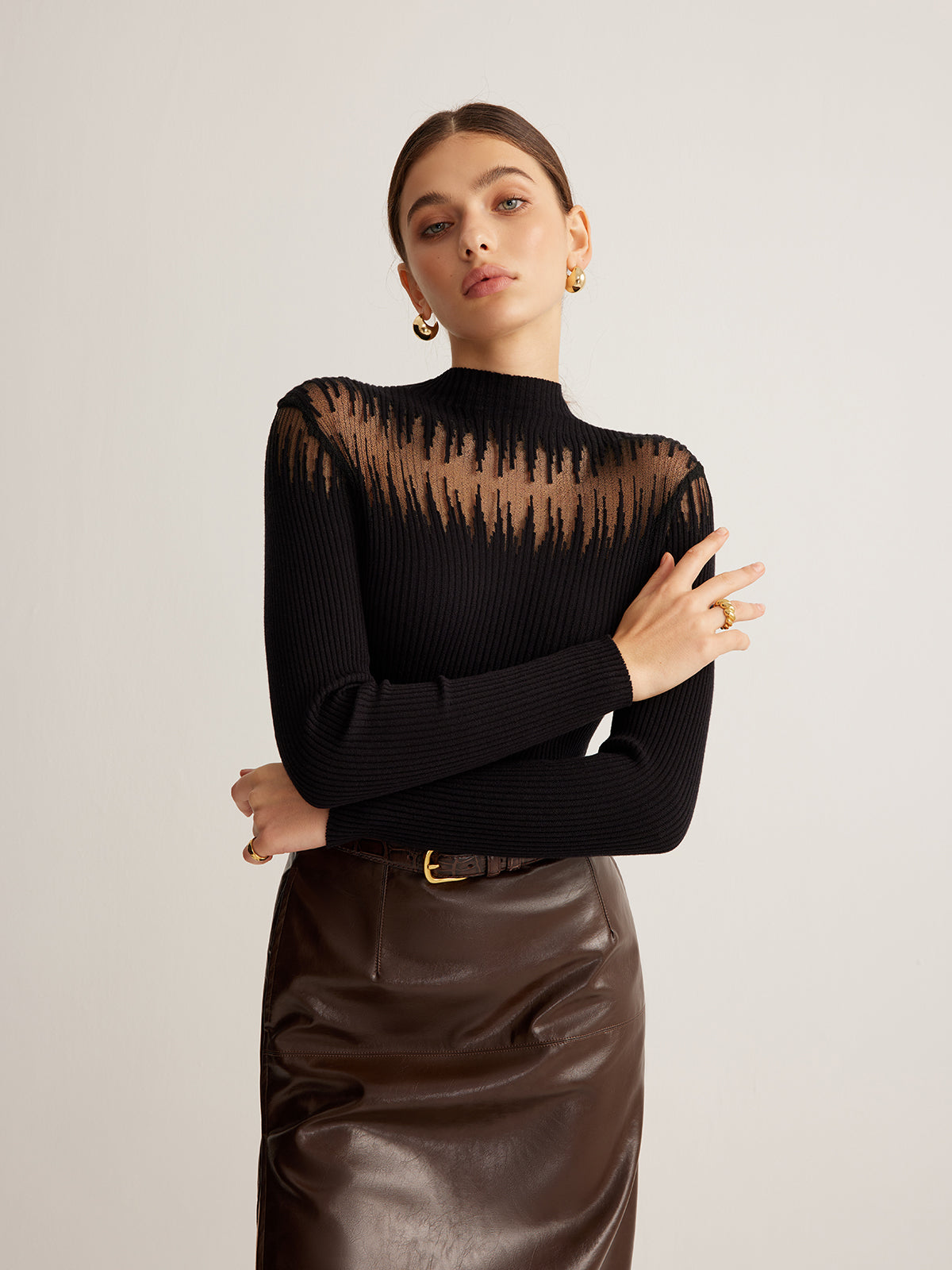 Mock Neck Sheer Panel Knit Top with Long Sleeves and Lightweight Fabric