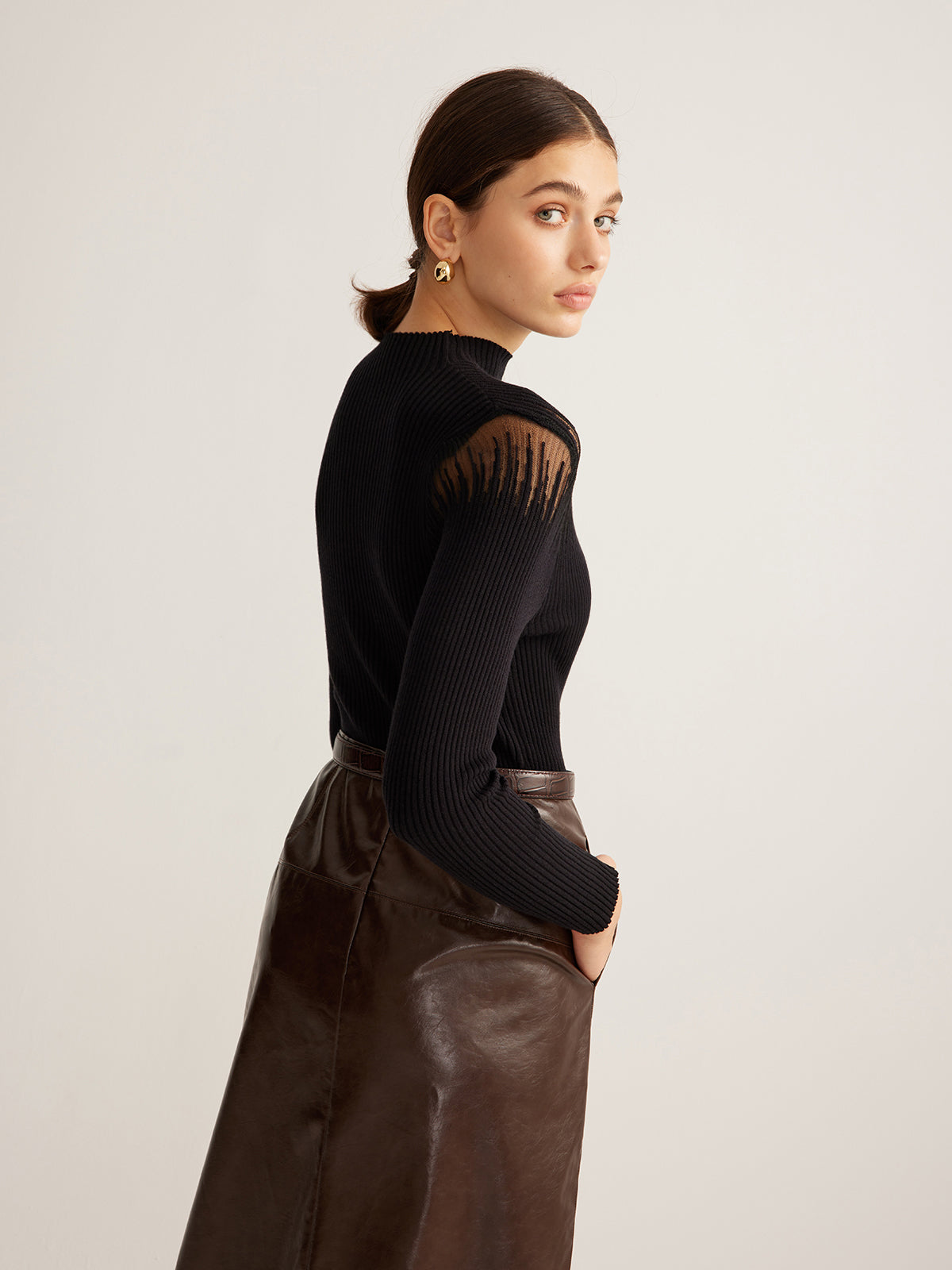 Mock Neck Sheer Panel Knit Top with Long Sleeves and Lightweight Fabric
