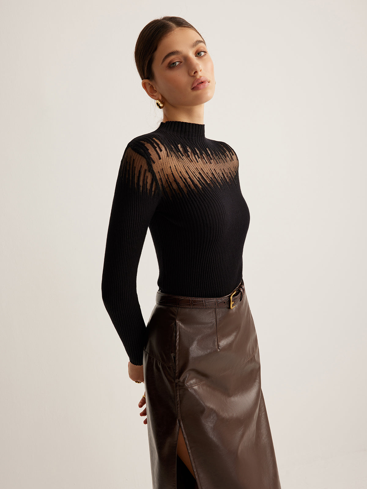 Mock Neck Sheer Panel Knit Top with Long Sleeves and Lightweight Fabric