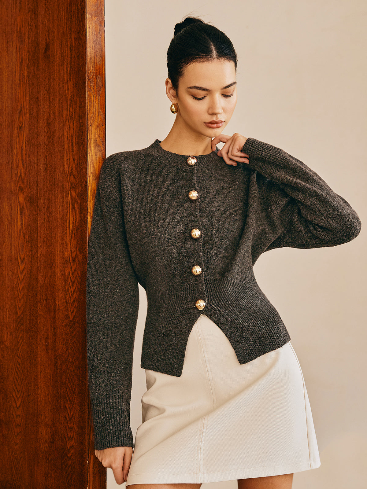 Button Down Split Sweater with Long Sleeves and V-Neck