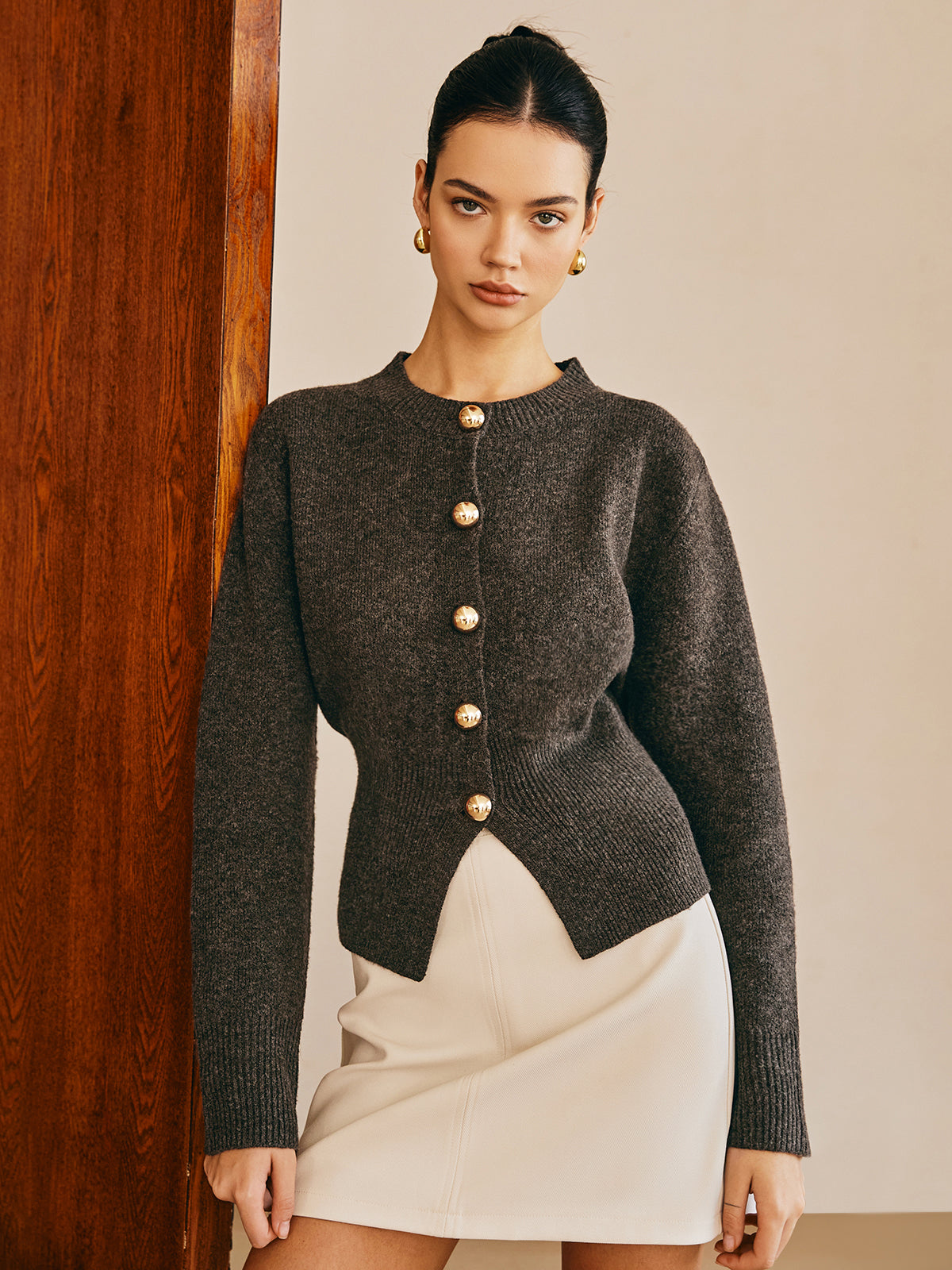 Button Down Split Sweater with Long Sleeves and V-Neck