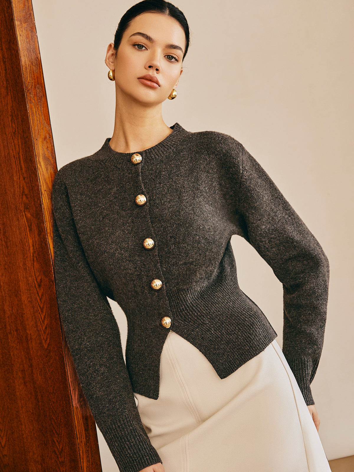 Button Down Split Sweater with Long Sleeves and V-Neck