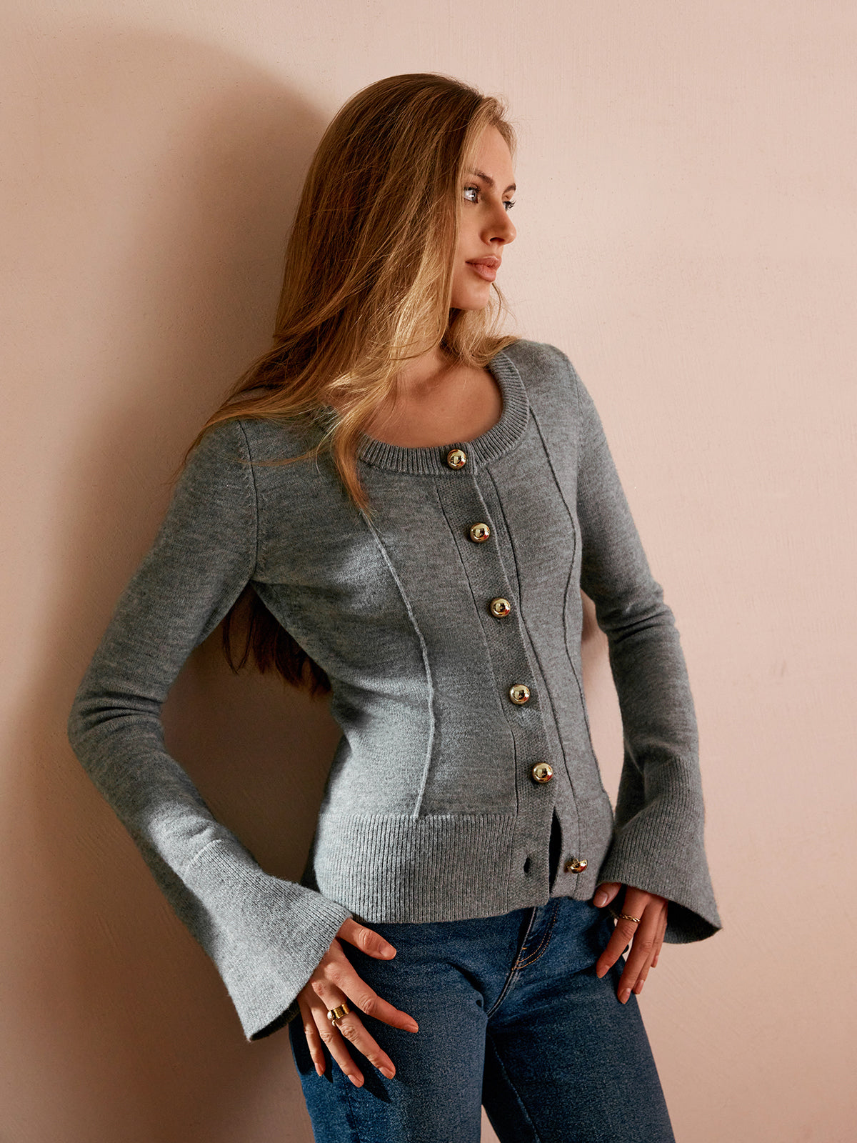 Breasted Bell Sleeve Slim Cardigan for Women, Lightweight Everyday Wear