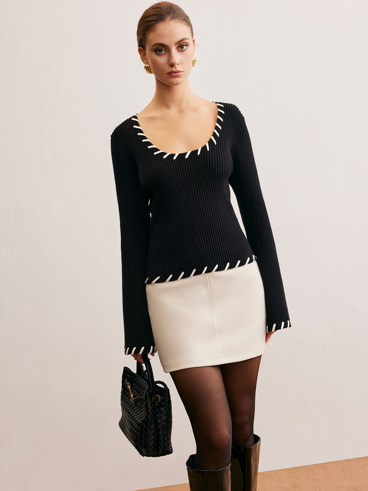 Bell-Sleeve Contrast Trim Knit Top for Women Casual Wear