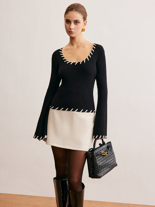 Bell-Sleeve Contrast Trim Knit Top for Women Casual Wear