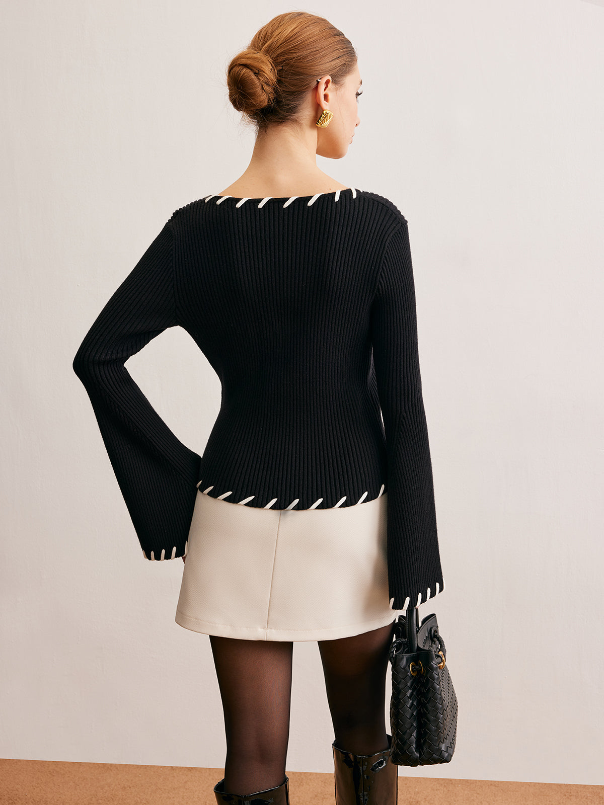Bell-Sleeve Contrast Trim Knit Top for Women Casual Wear