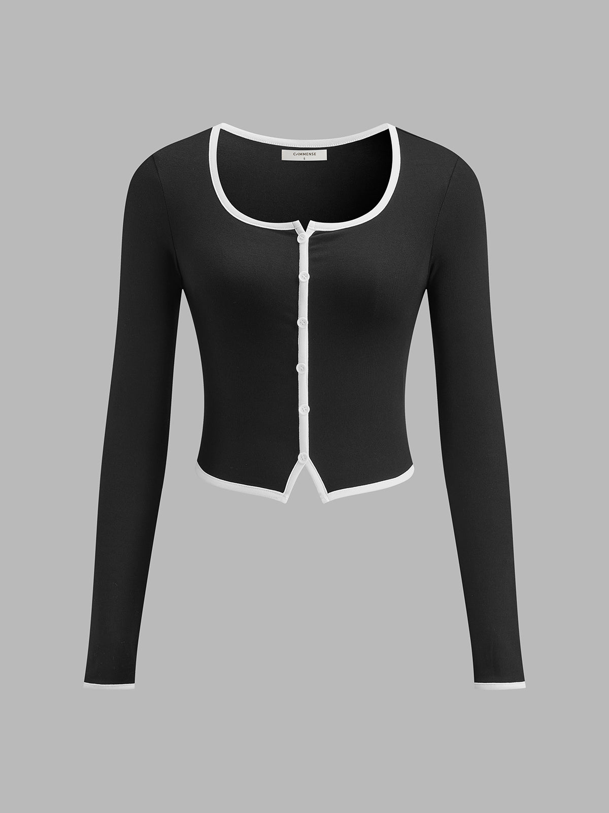 Square Neck Contrast Trim Long Sleeve Knit Shirt for Women Casual Wear