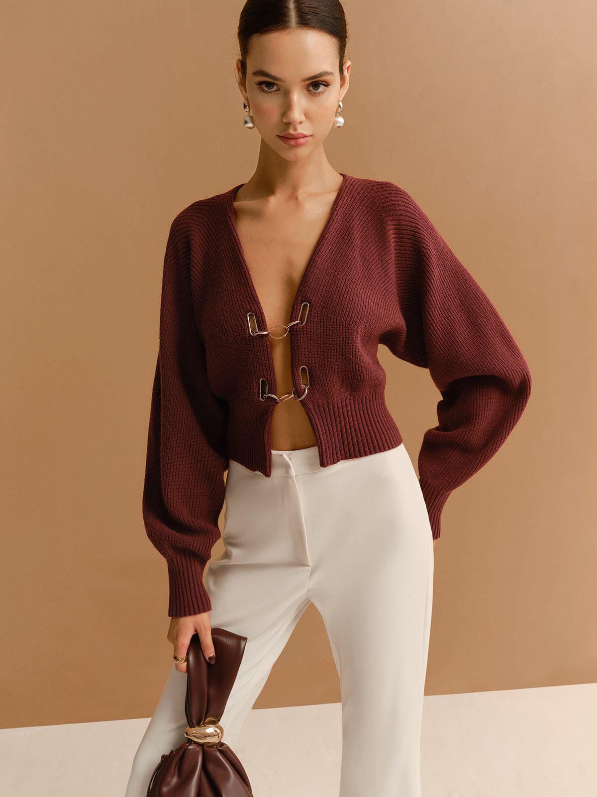 Leg-Of-Mutton Sleeve Metal-Detail Short Cardigan Stylish Women's Fall Fashion