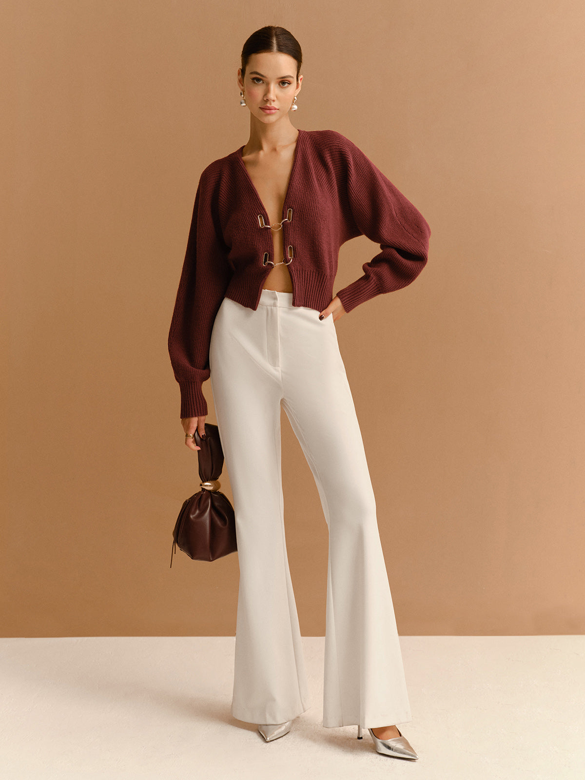 Leg-Of-Mutton Sleeve Metal-Detail Short Cardigan Stylish Women's Fall Fashion