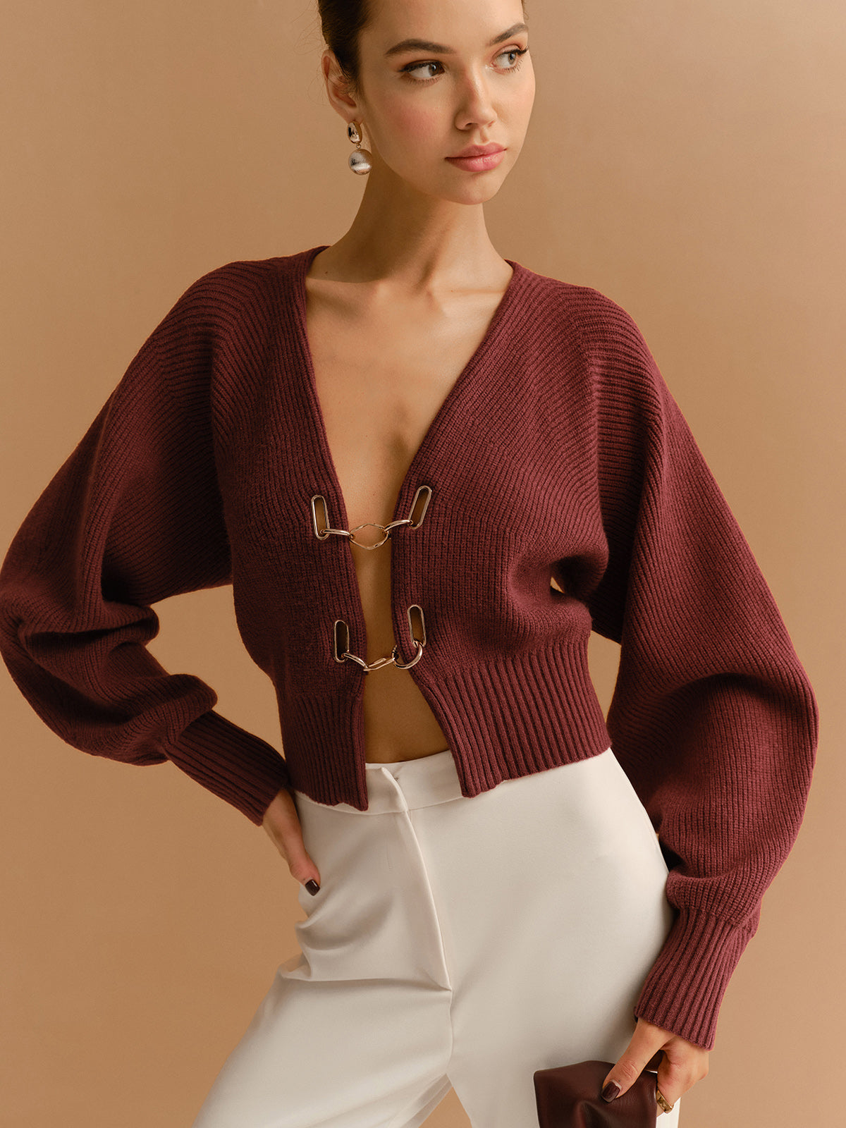 Leg-Of-Mutton Sleeve Metal-Detail Short Cardigan Stylish Women's Fall Fashion