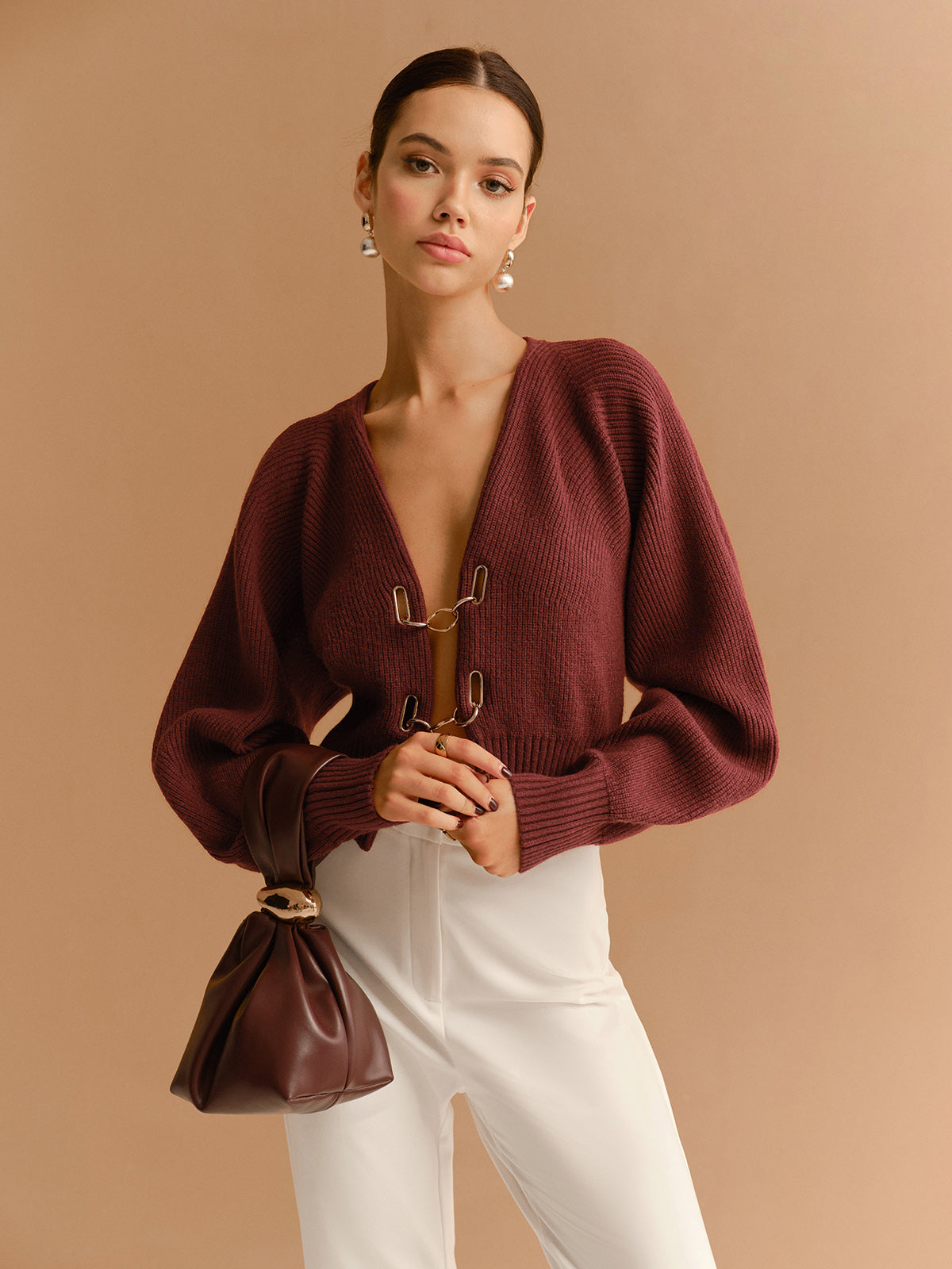 Leg-Of-Mutton Sleeve Metal-Detail Short Cardigan Stylish Women's Fall Fashion