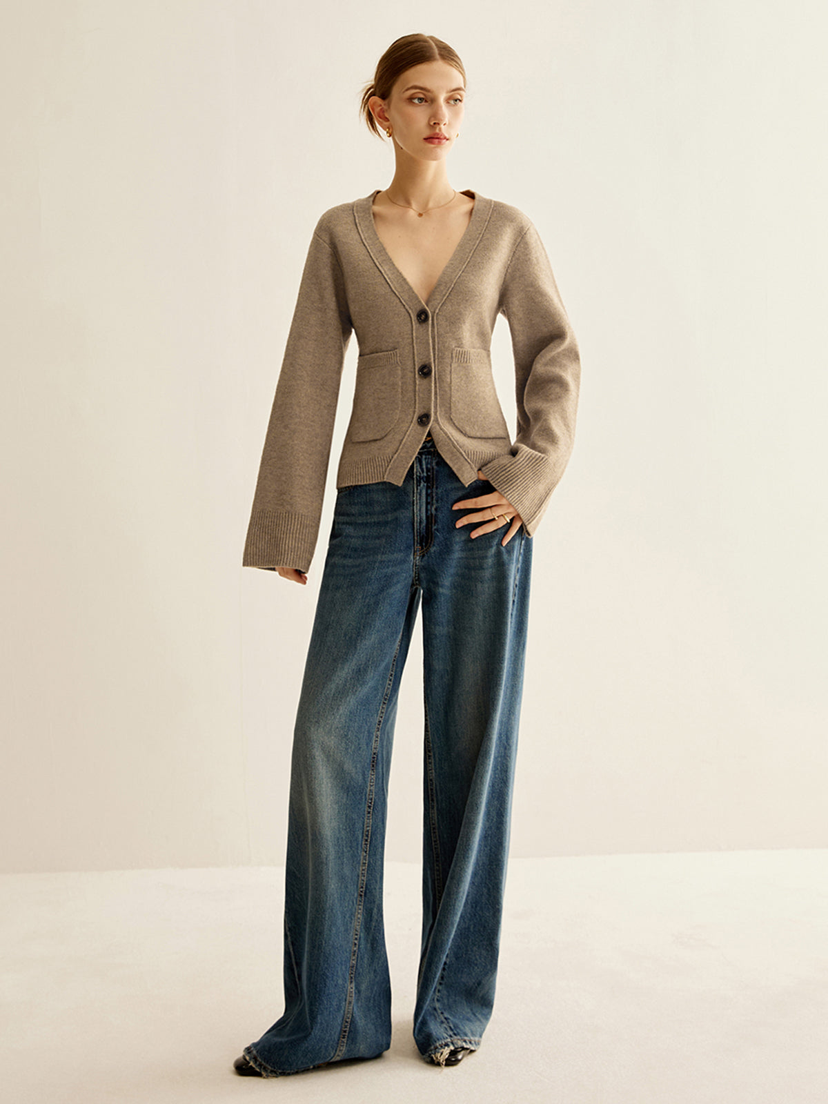V-Neck Split Button Cardigan with Long Sleeves for Women