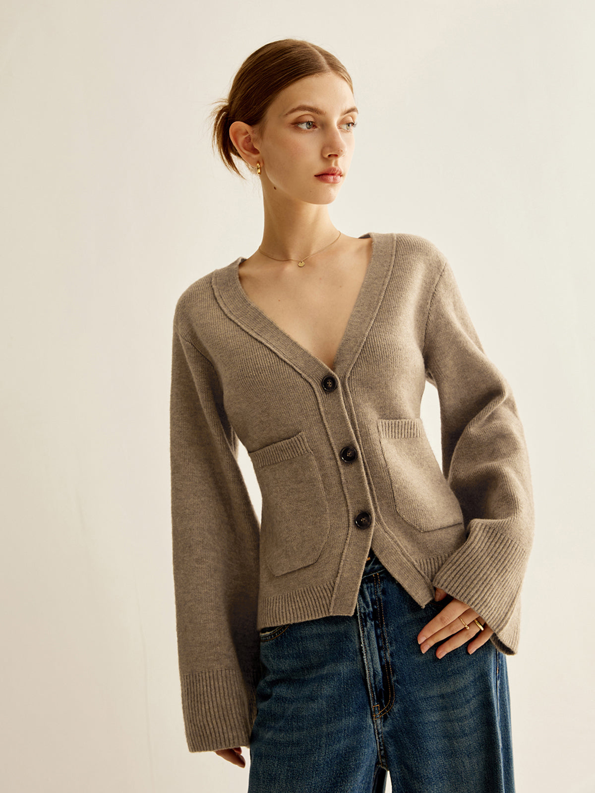 V-Neck Split Button Cardigan with Long Sleeves for Women