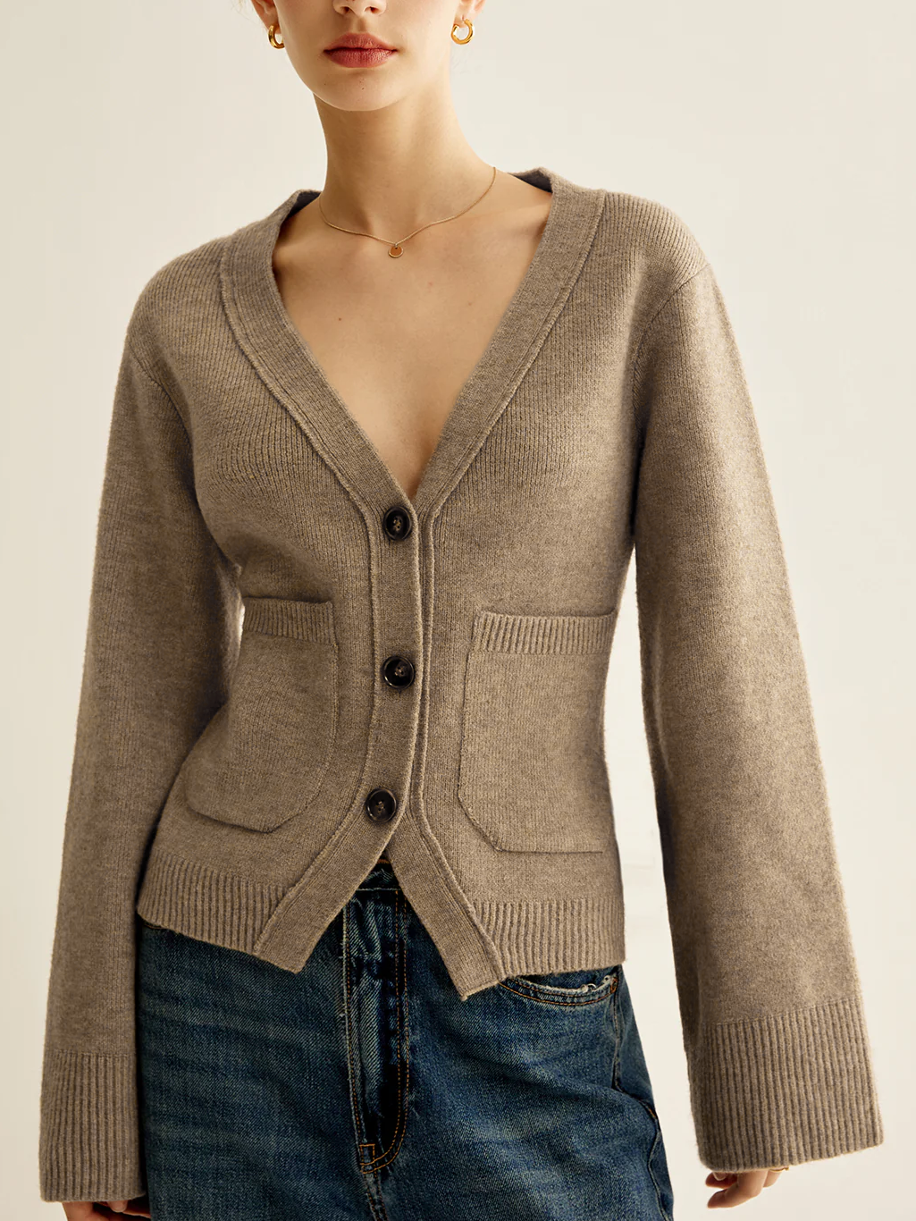 V-Neck Split Button Cardigan with Long Sleeves for Women