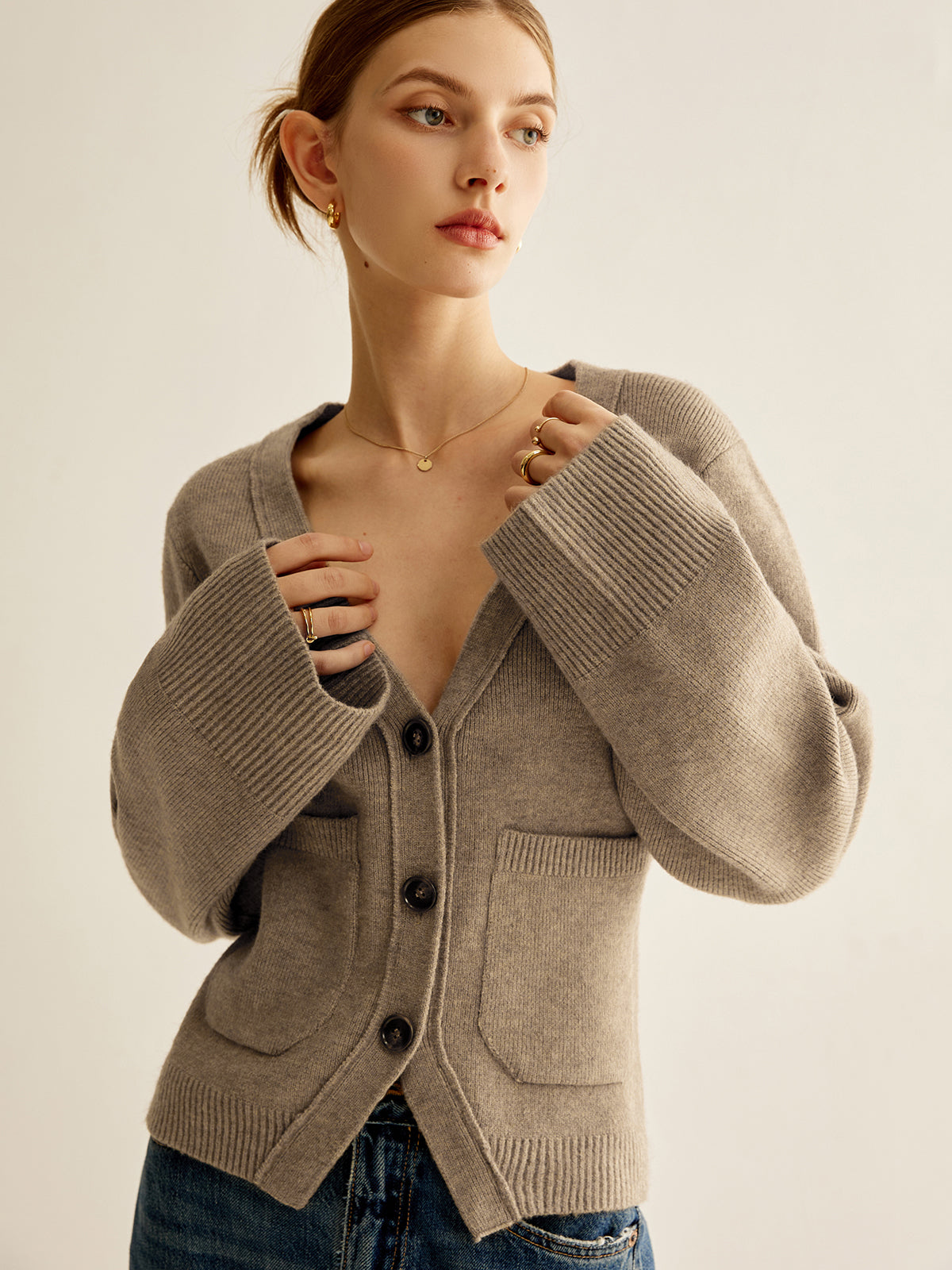 V-Neck Split Button Cardigan with Long Sleeves for Women