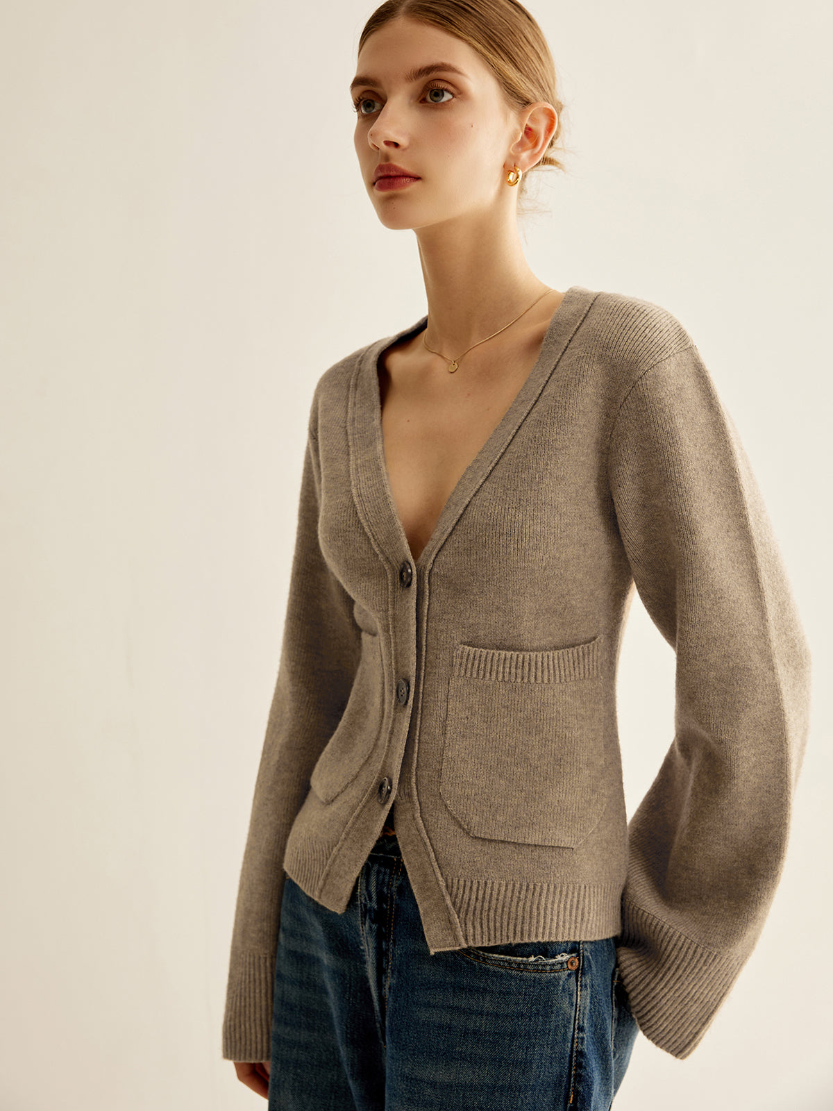V-Neck Split Button Cardigan with Long Sleeves for Women