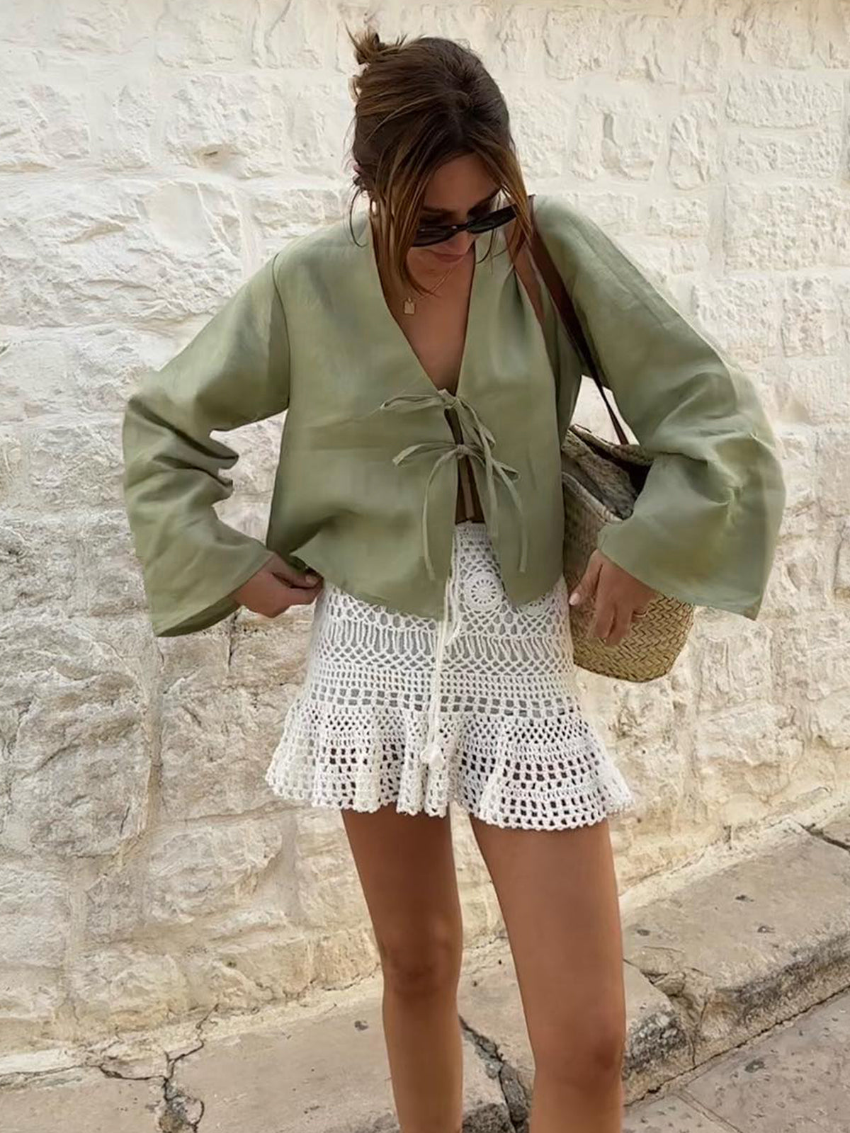 Oversized Long Tie-Front Sleeve Blouse Elegant Lightweight Women's Top