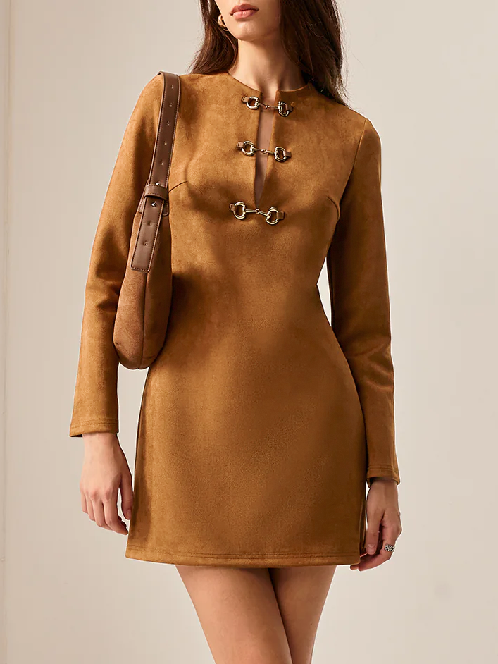 Suede Effect Metal-Detail Short Dress with Back Zip Closure