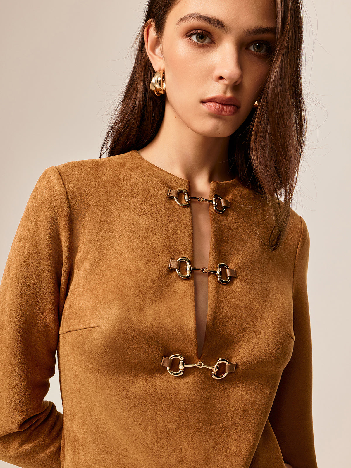 Suede Effect Metal-Detail Short Dress with Back Zip Closure