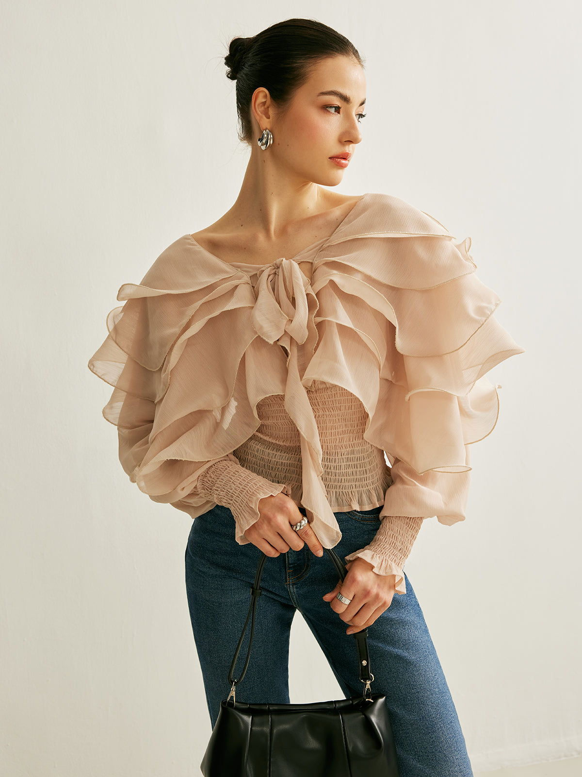 Semi-Sheer Chiffon Ruffle Backless Top Women's Trendy Summer Blouse