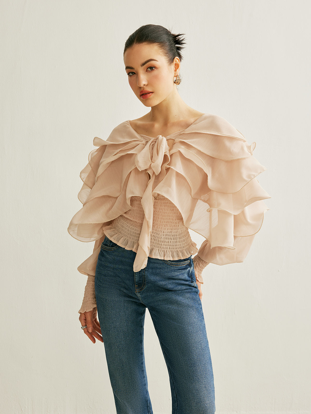 Semi-Sheer Chiffon Ruffle Backless Top Women's Trendy Summer Blouse