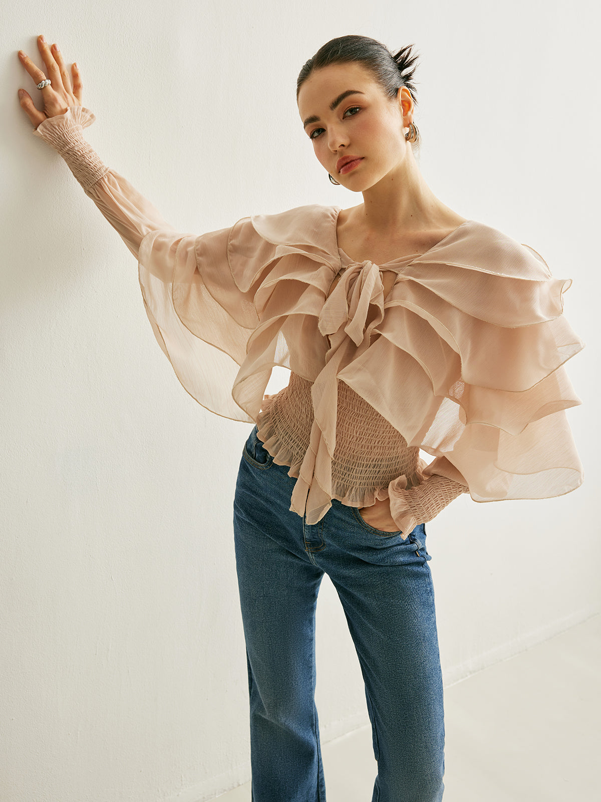 Semi-Sheer Chiffon Ruffle Backless Top Women's Trendy Summer Blouse