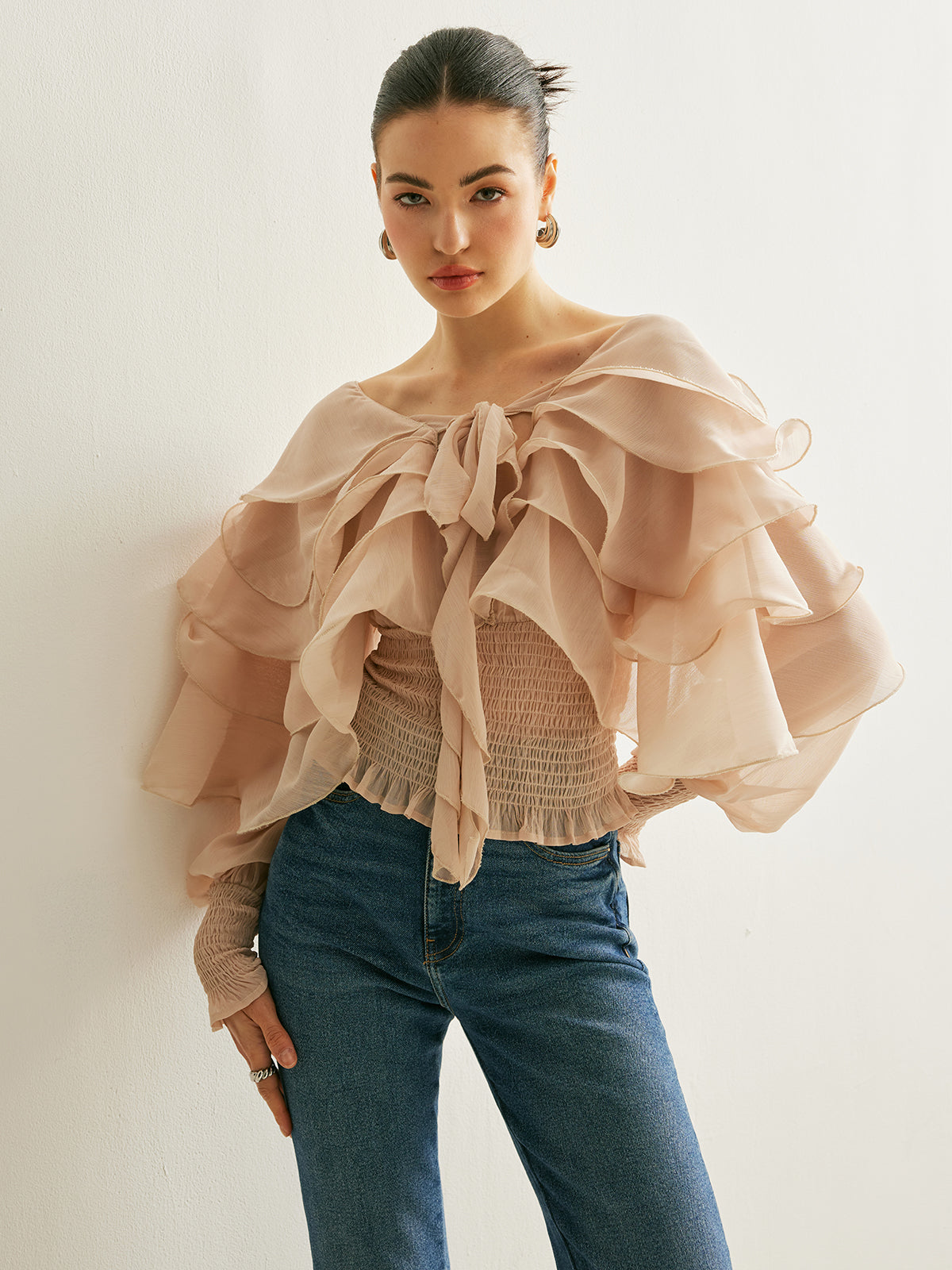 Semi-Sheer Chiffon Ruffle Backless Top Women's Trendy Summer Blouse