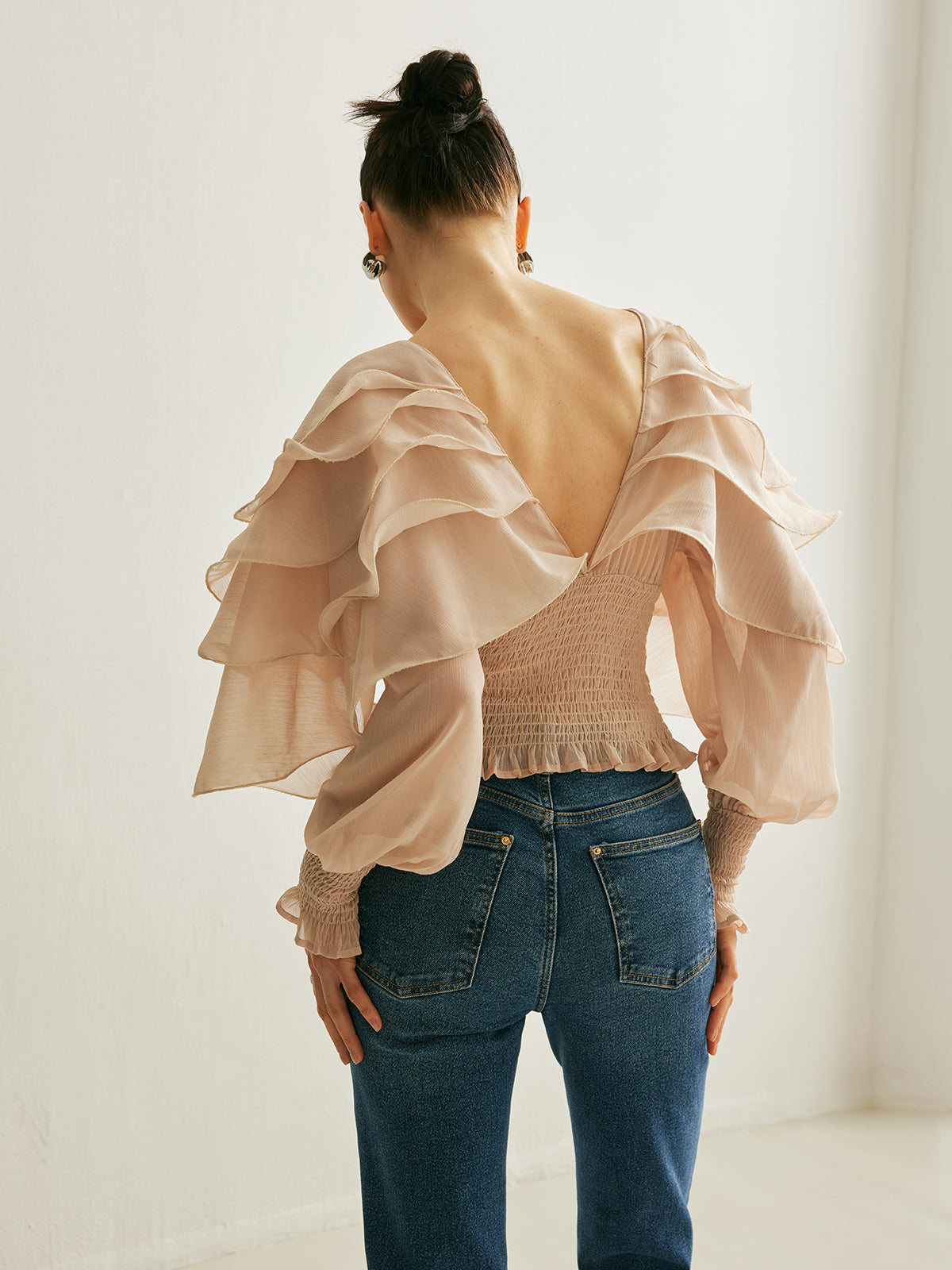 Semi-Sheer Chiffon Ruffle Backless Top Women's Trendy Summer Blouse