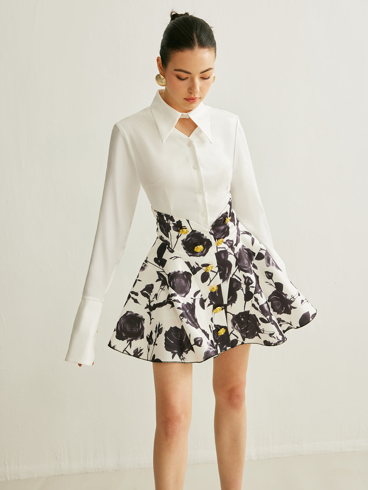 Floral Print Button-Detail Skirt with Elastic Waistband
