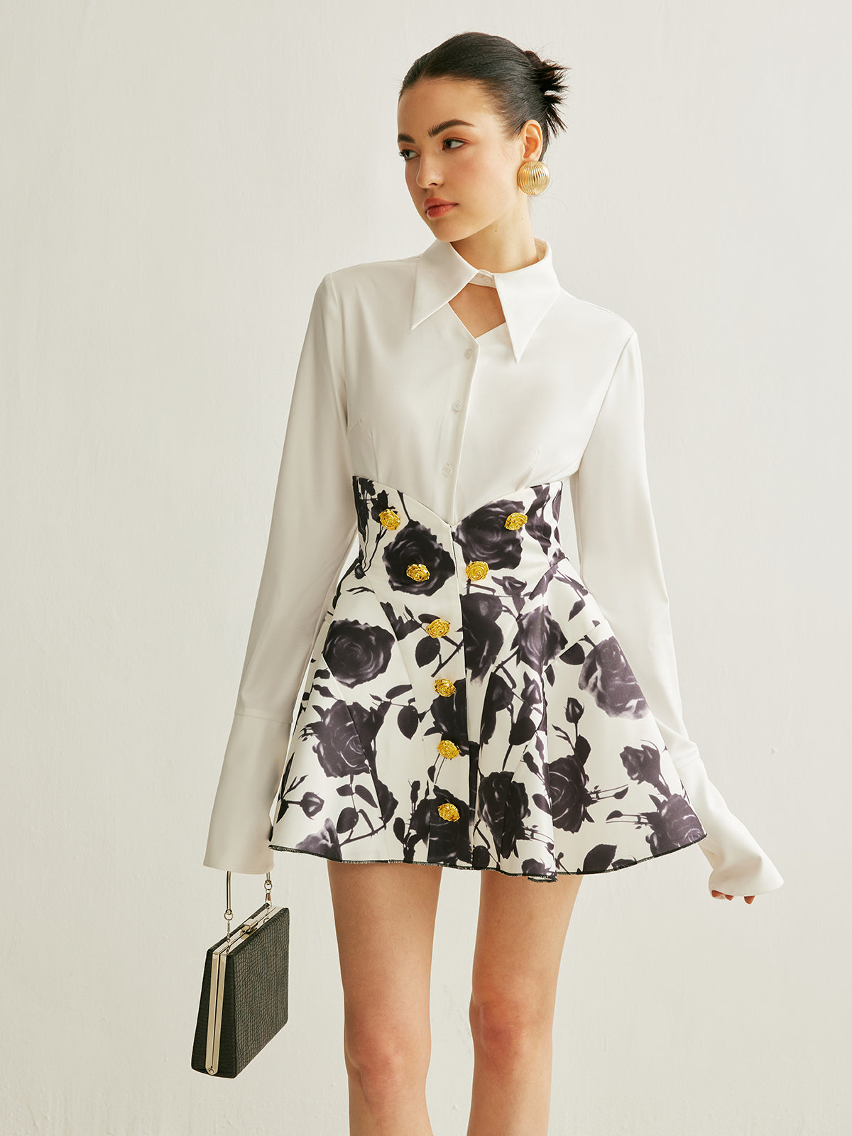 Floral Print Button-Detail Skirt with Elastic Waistband