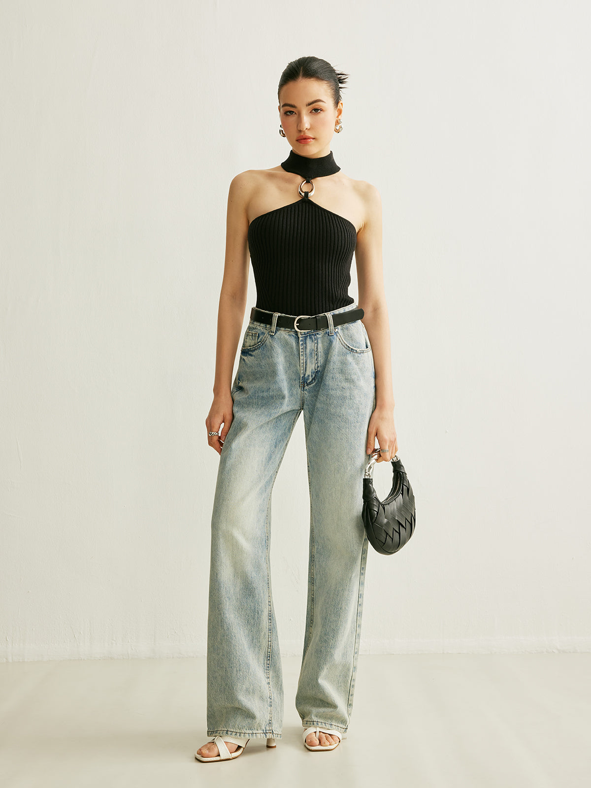 Ring Detail Ribbed Halter Top with Adjustable Neck Tie