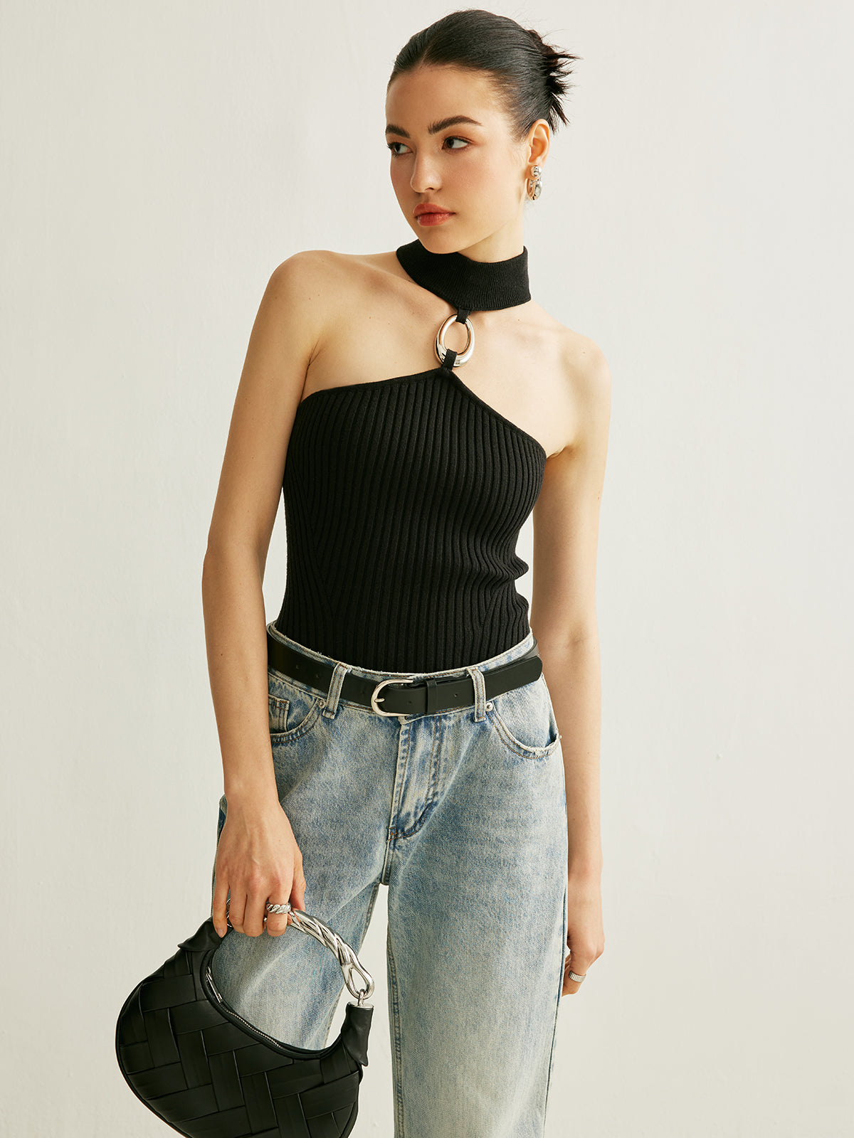 Ring Detail Ribbed Halter Top with Adjustable Neck Tie