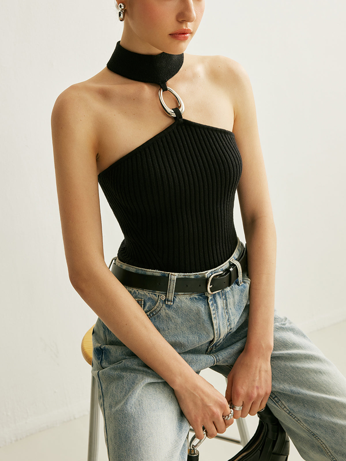 Ring Detail Ribbed Halter Top with Adjustable Neck Tie