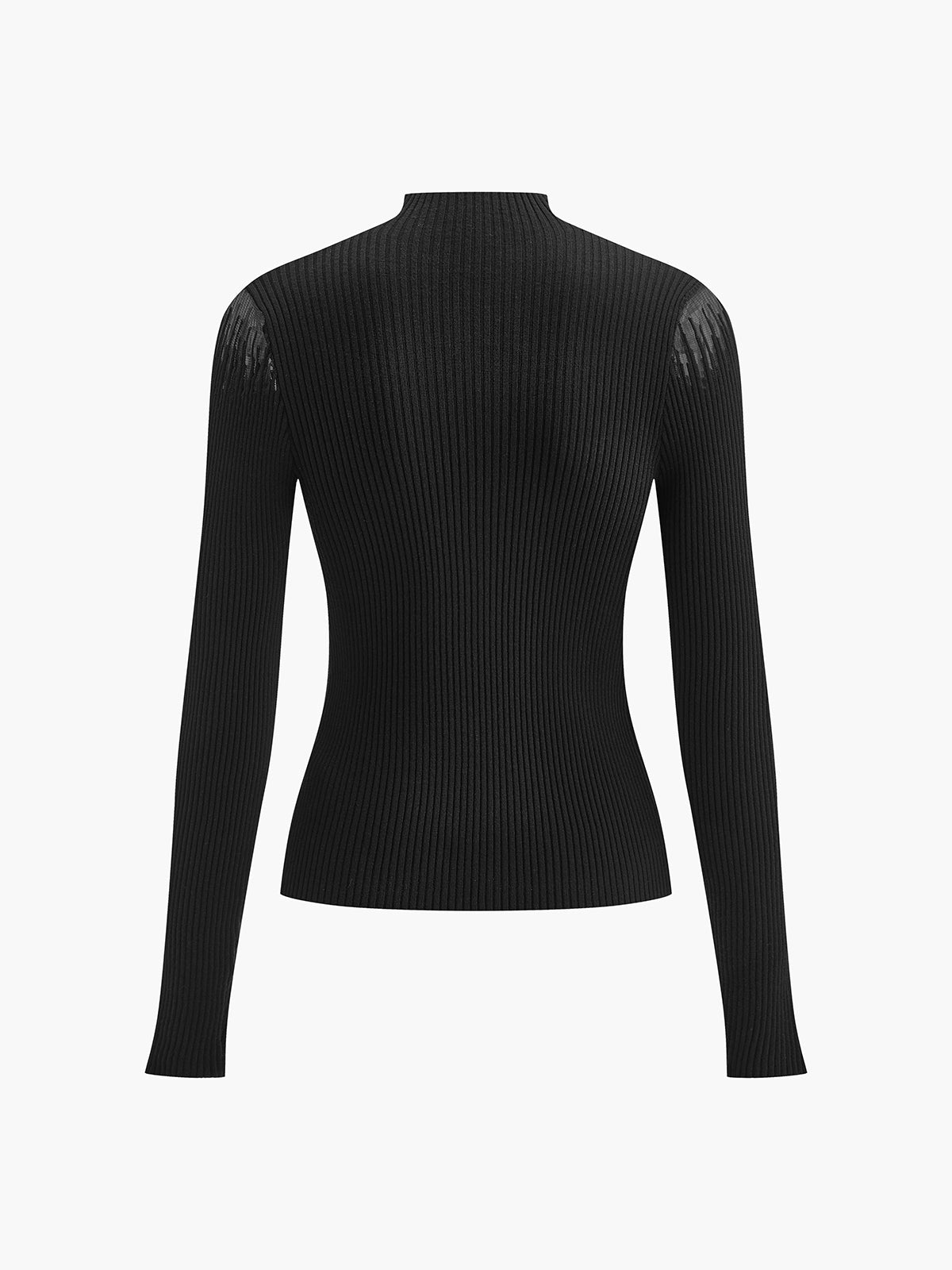 Mock Neck Sheer Panel Knit Top with Long Sleeves and Lightweight Fabric