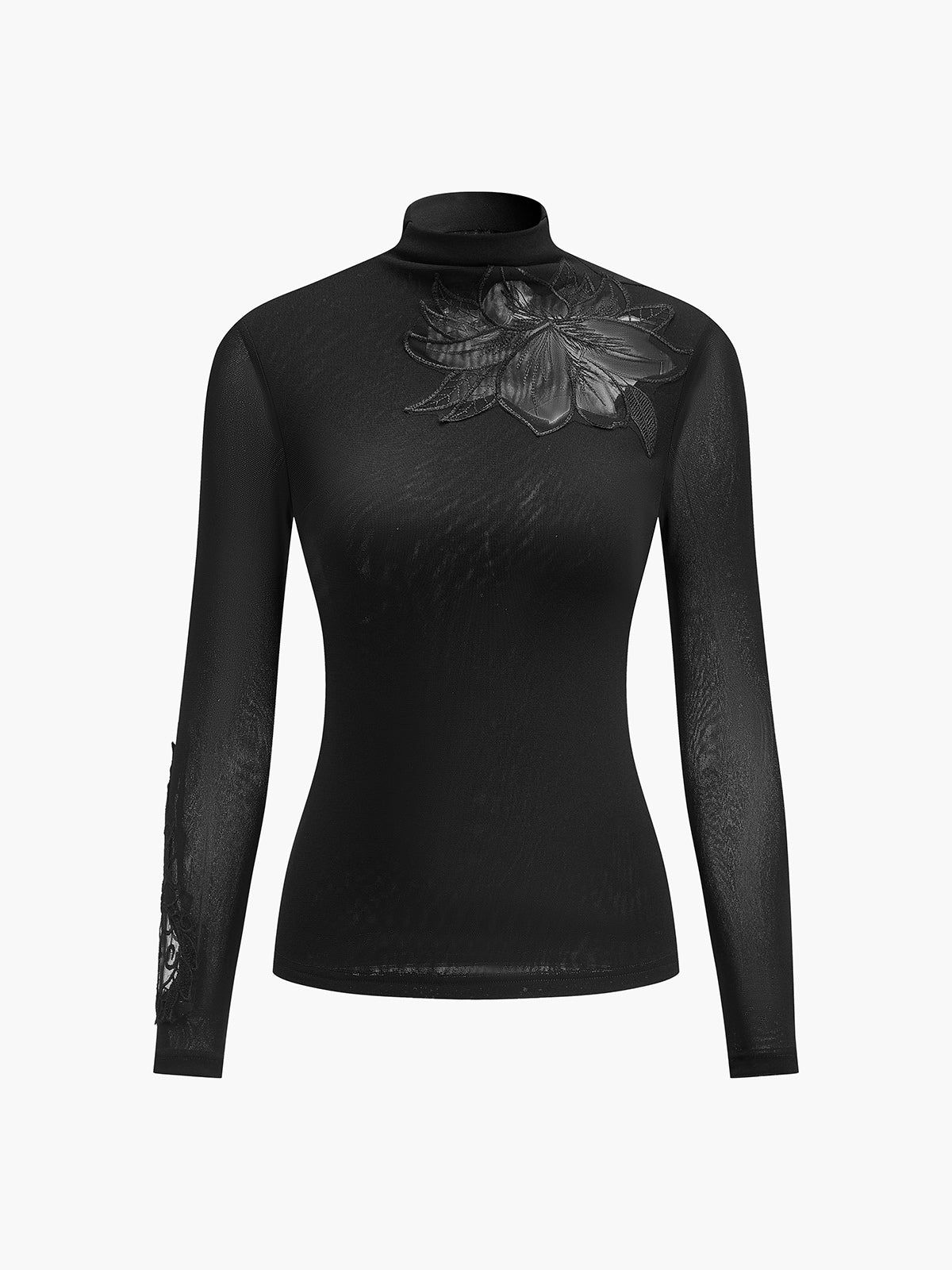 Semi-Sheer Mesh-Floral Slim Jersey Top for Women Elegant and Trendy