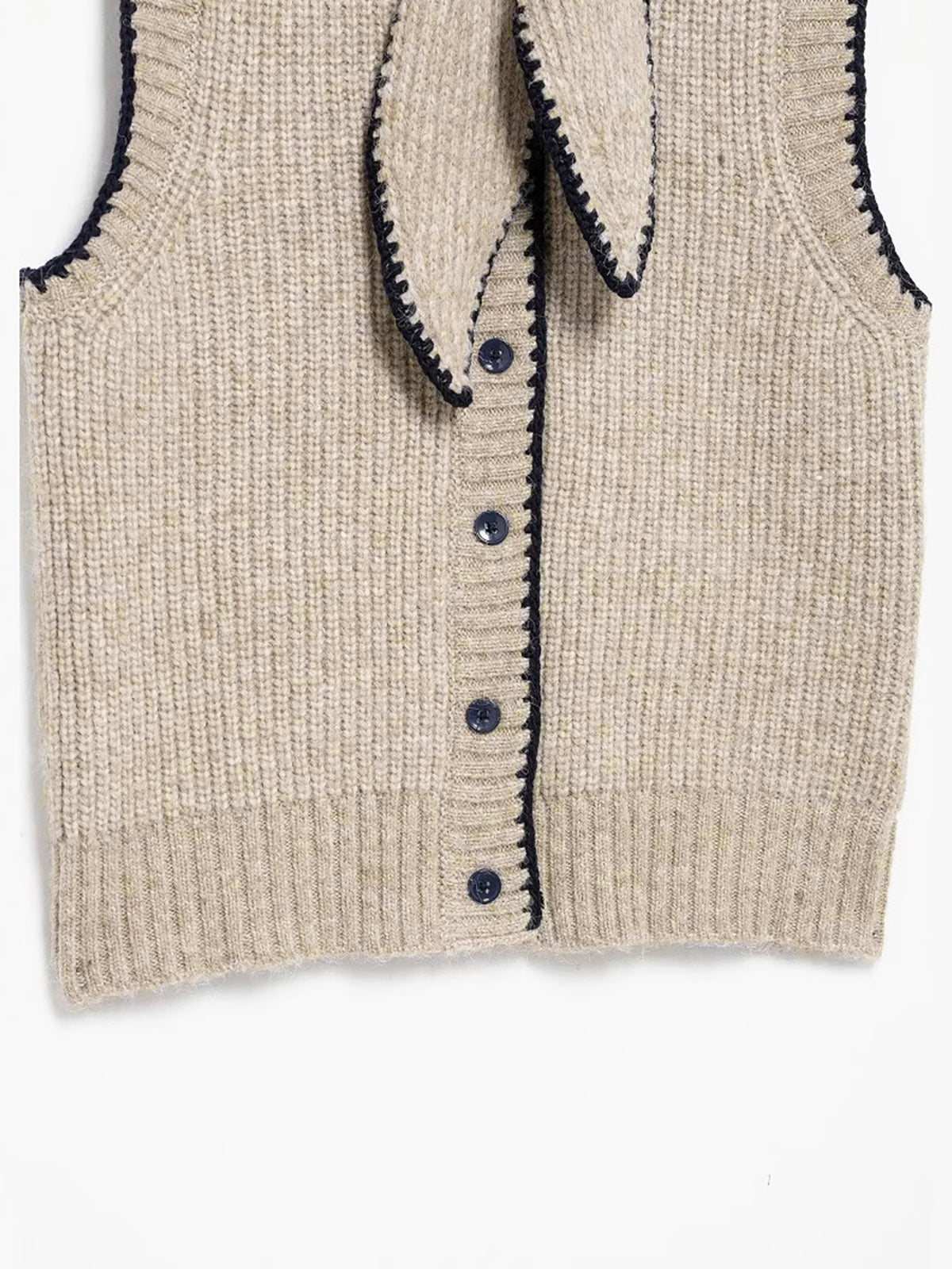 Tie Neck Contrast Trim Button Sweater Vest with Stylish Sleeveless Design