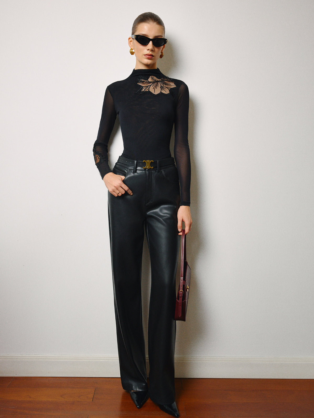 Semi-Sheer Mesh-Floral Slim Jersey Top for Women Elegant and Trendy