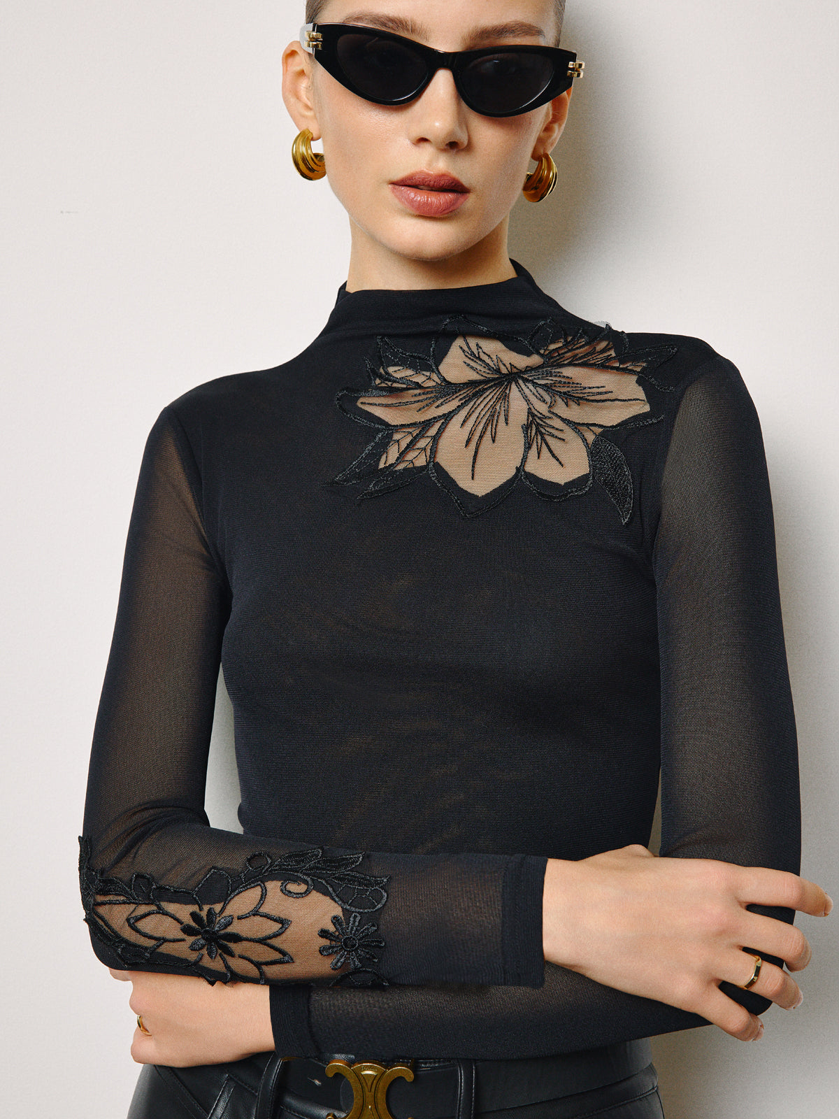 Semi-Sheer Mesh-Floral Slim Jersey Top for Women Elegant and Trendy