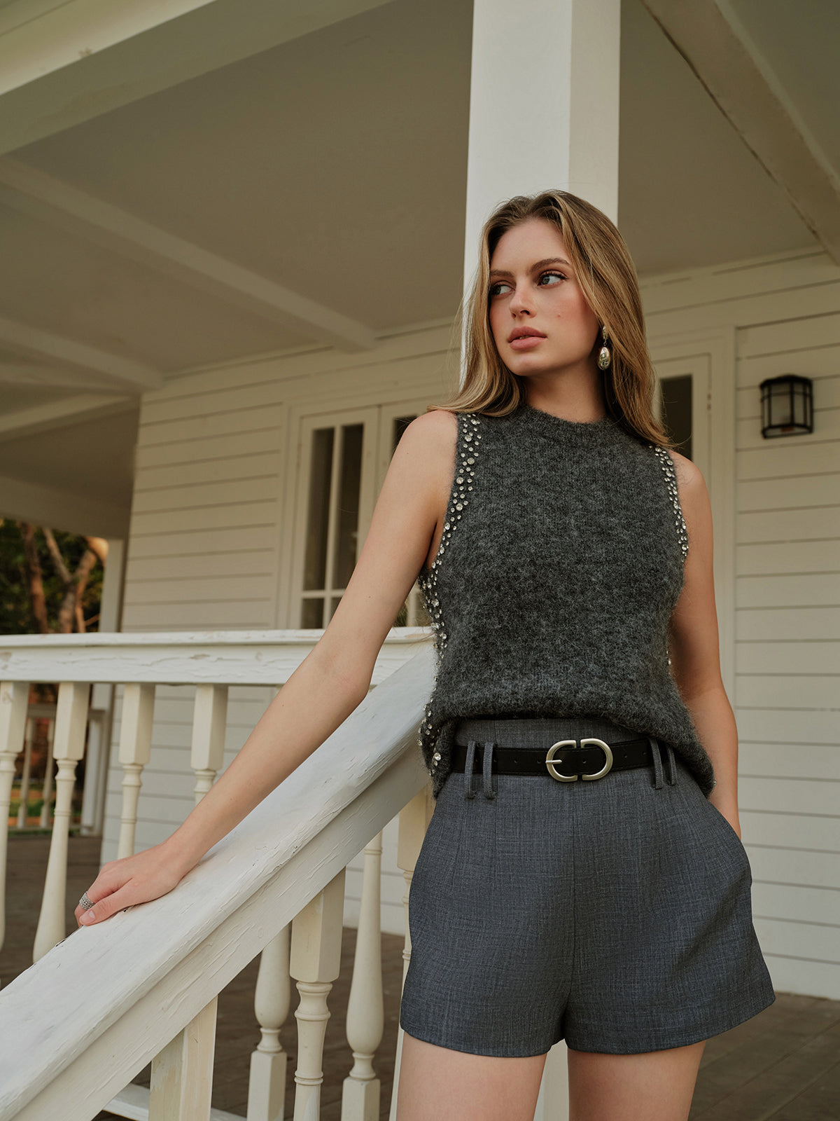 Wool-Blend Beaded Sweater Vest Classic Knit Layering Piece