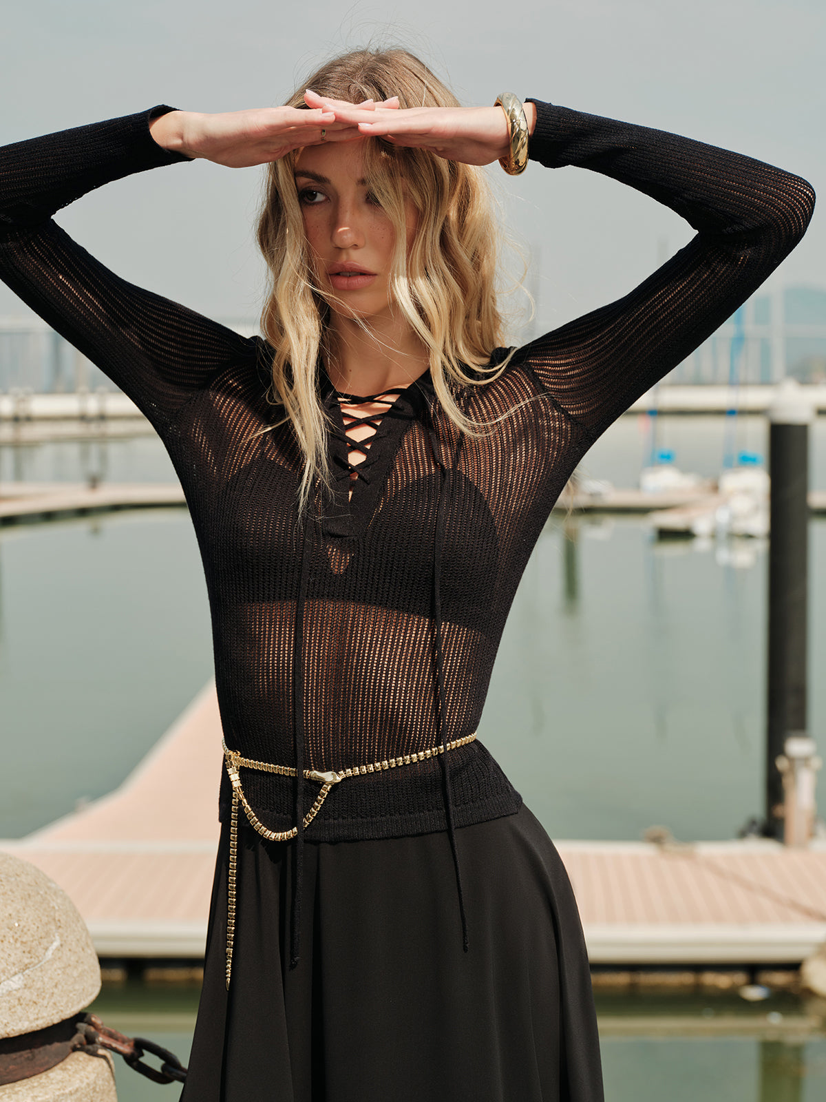 Lace-Up Front Sheer Long Sleeve Sweater Women's Trendy Knit Top