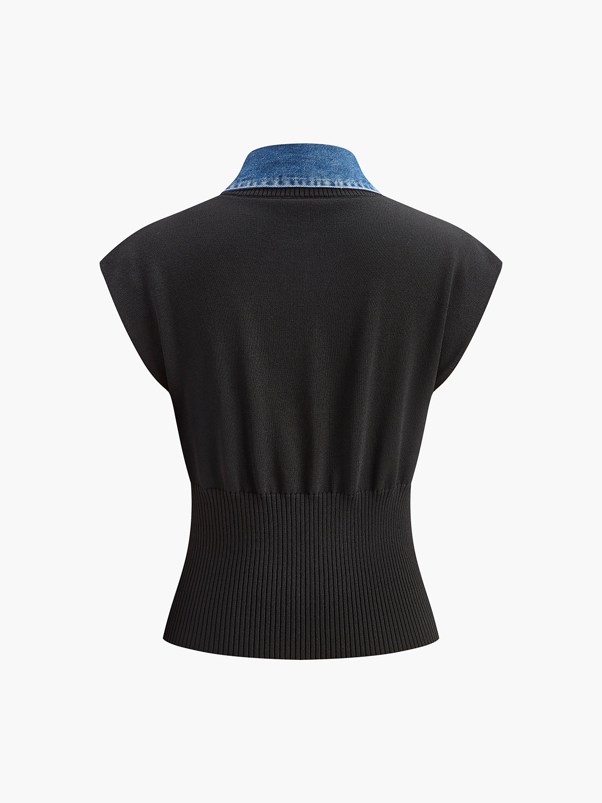 Denim Collar Ribbed Knit Top for Women Casual Wear