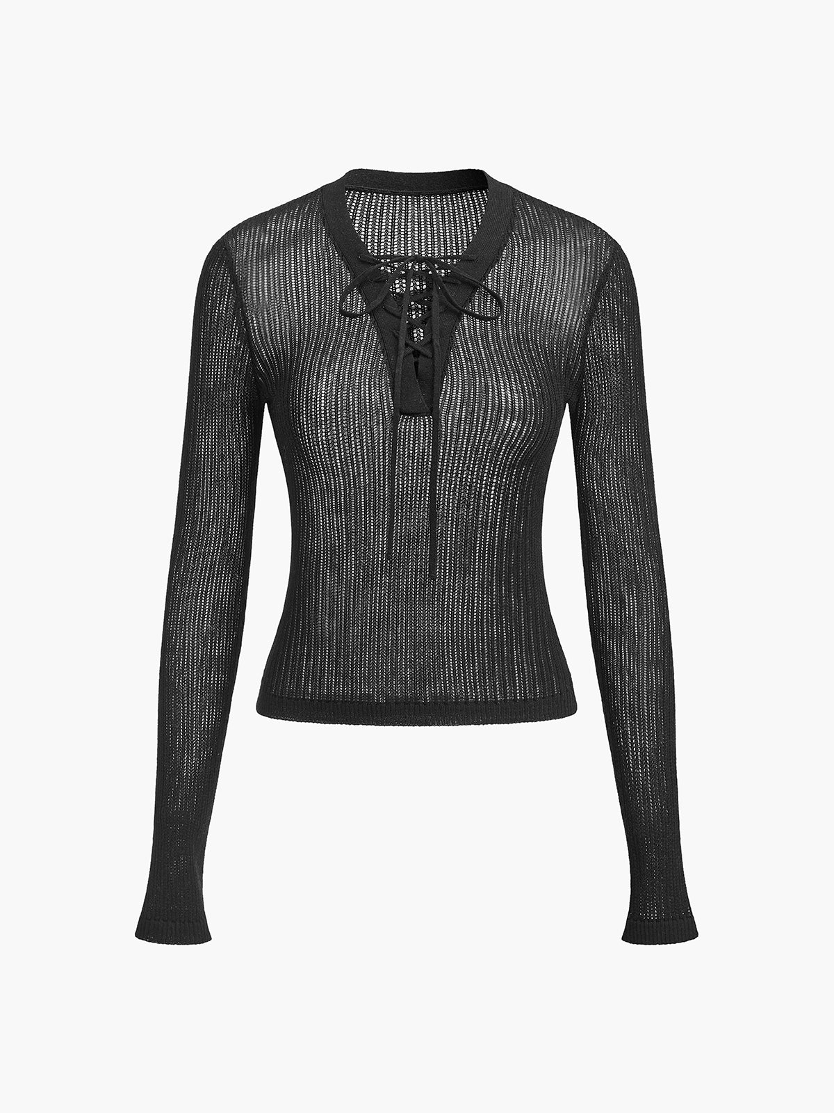 Lace-Up Front Sheer Long Sleeve Sweater Women's Trendy Knit Top